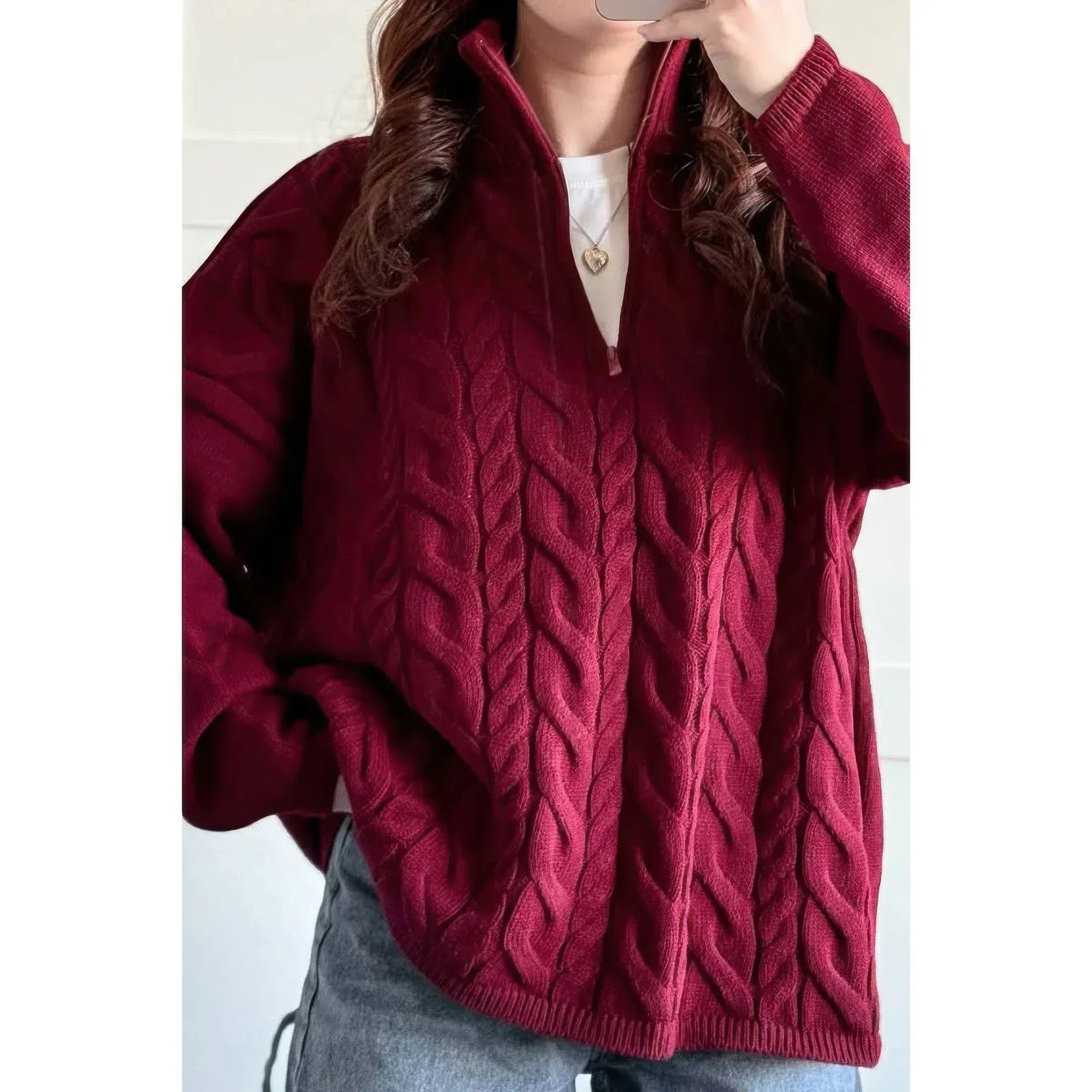 Cable Knit Half Zipper Solid Loose Sweater | Mixtshop LLC