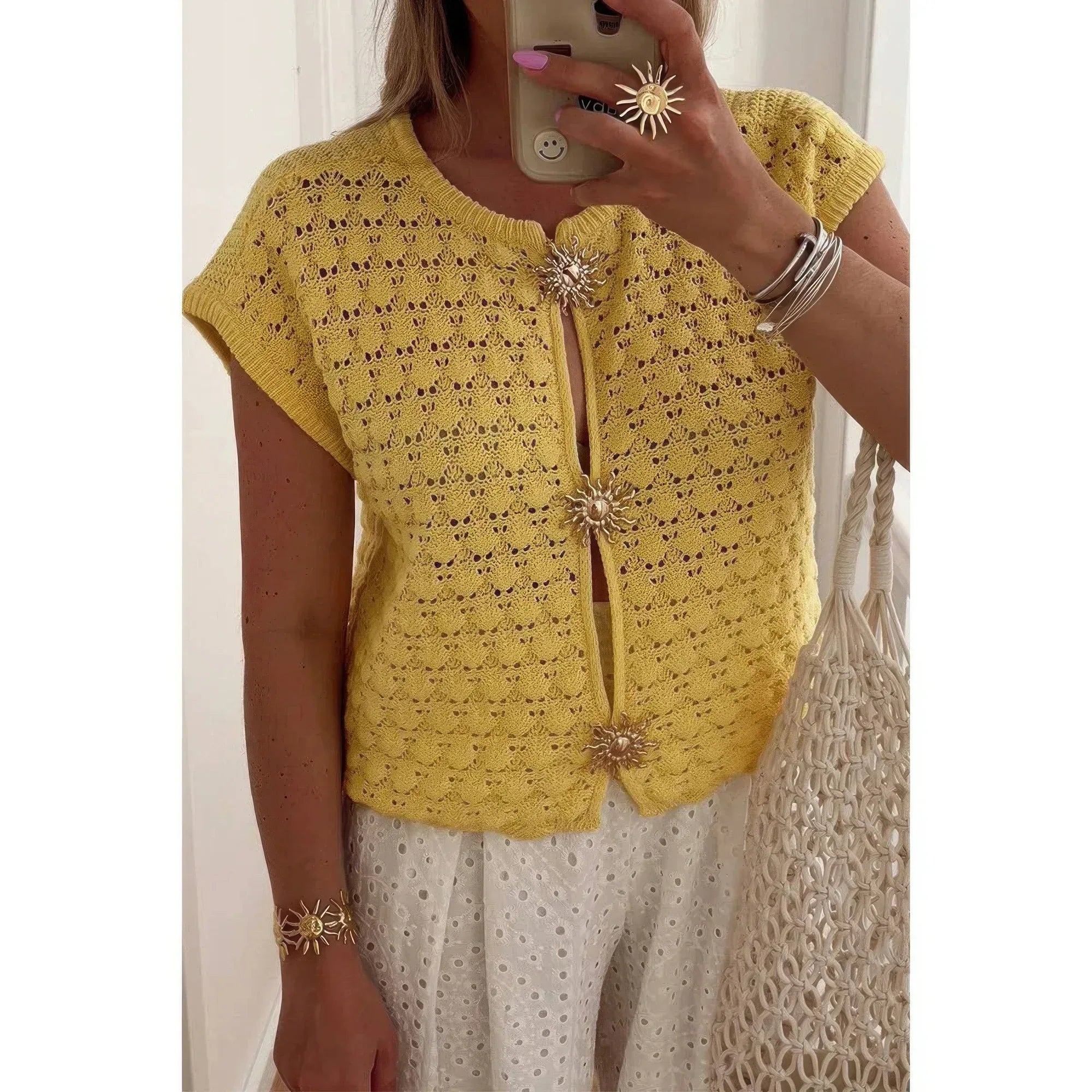 Crochet Short Sleeve Button Front Sweater | Mixtshop LLC Main image
