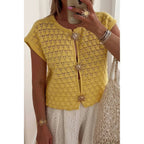 Crochet Short Sleeve Button Front Sweater | Mixtshop LLC