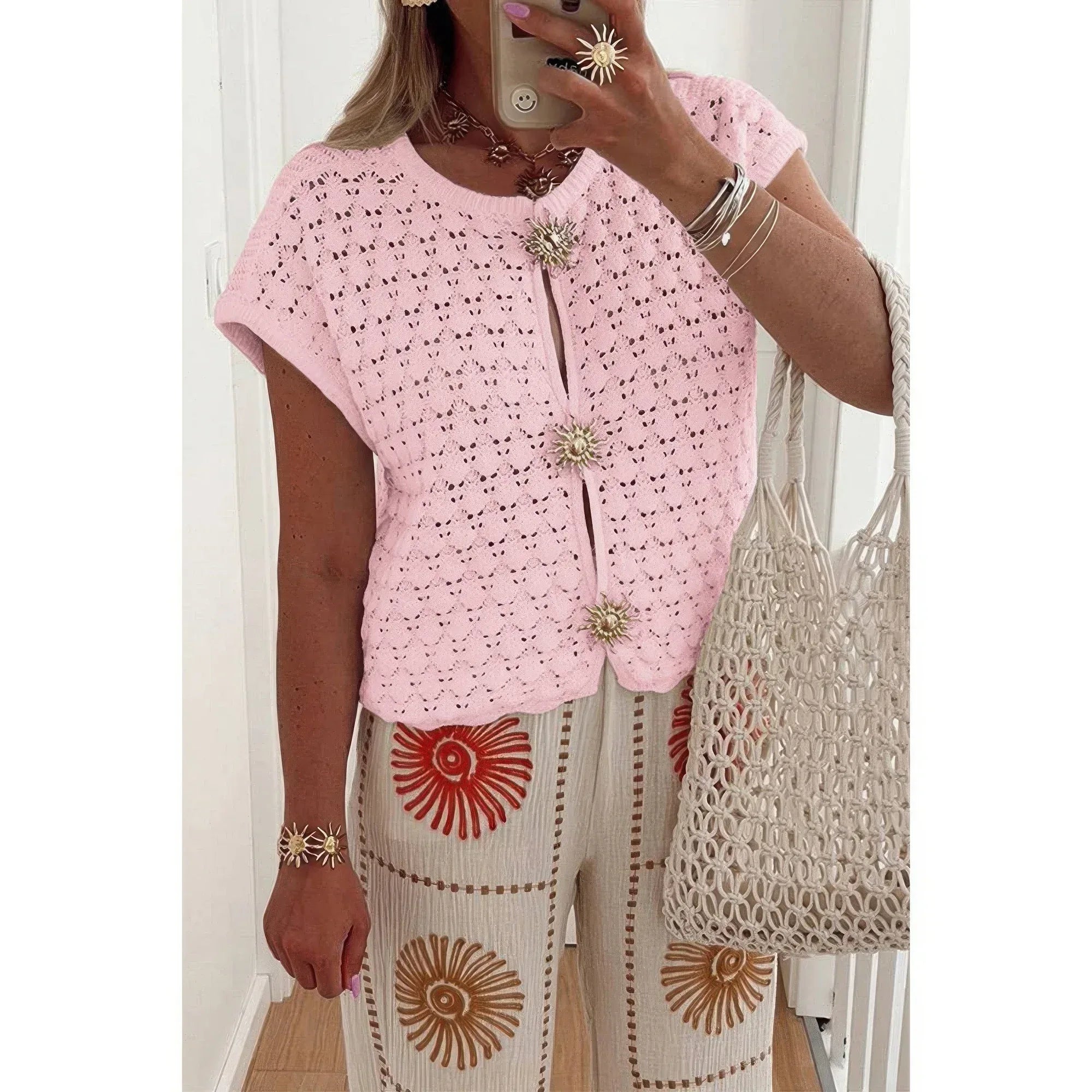 Crochet Short Sleeve Button Front Sweater Secondary image