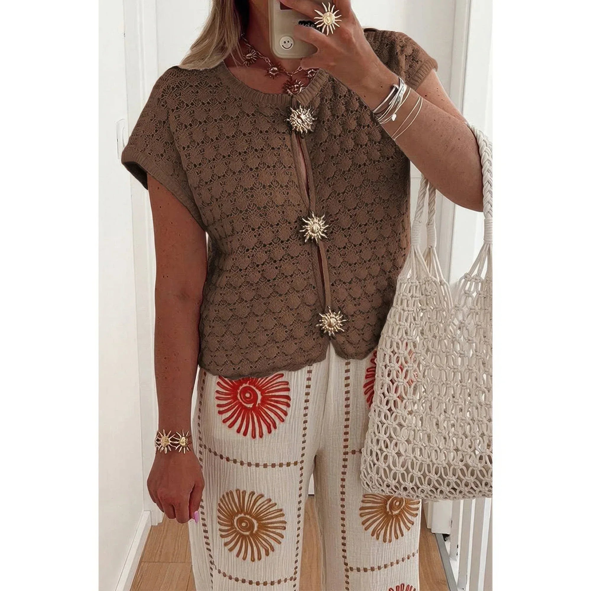 Crochet Short Sleeve Button Front Sweater | Mixtshop LLC