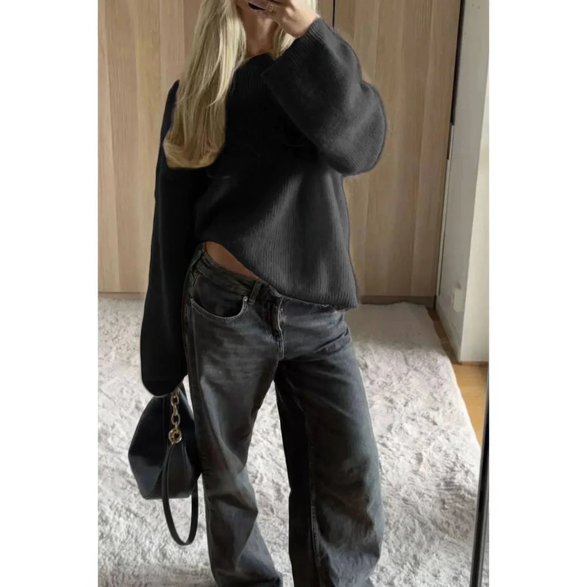 Solid Round Neck Long Sleeved Knit Loose Sweater | Mixtshop LLC