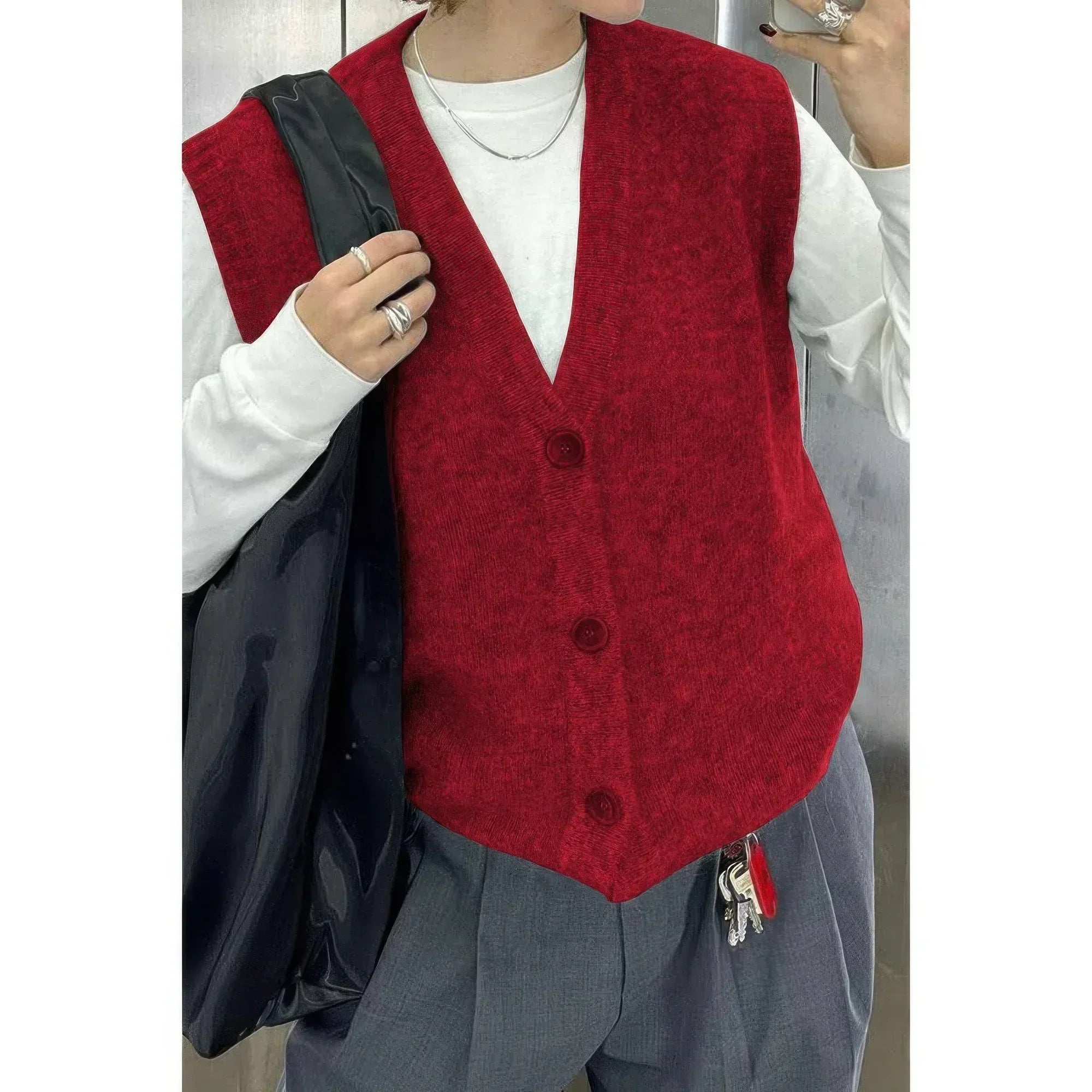 Solid V Neck Sleeveless Knitted Cardigan Vest | Mixtshop LLC Main image