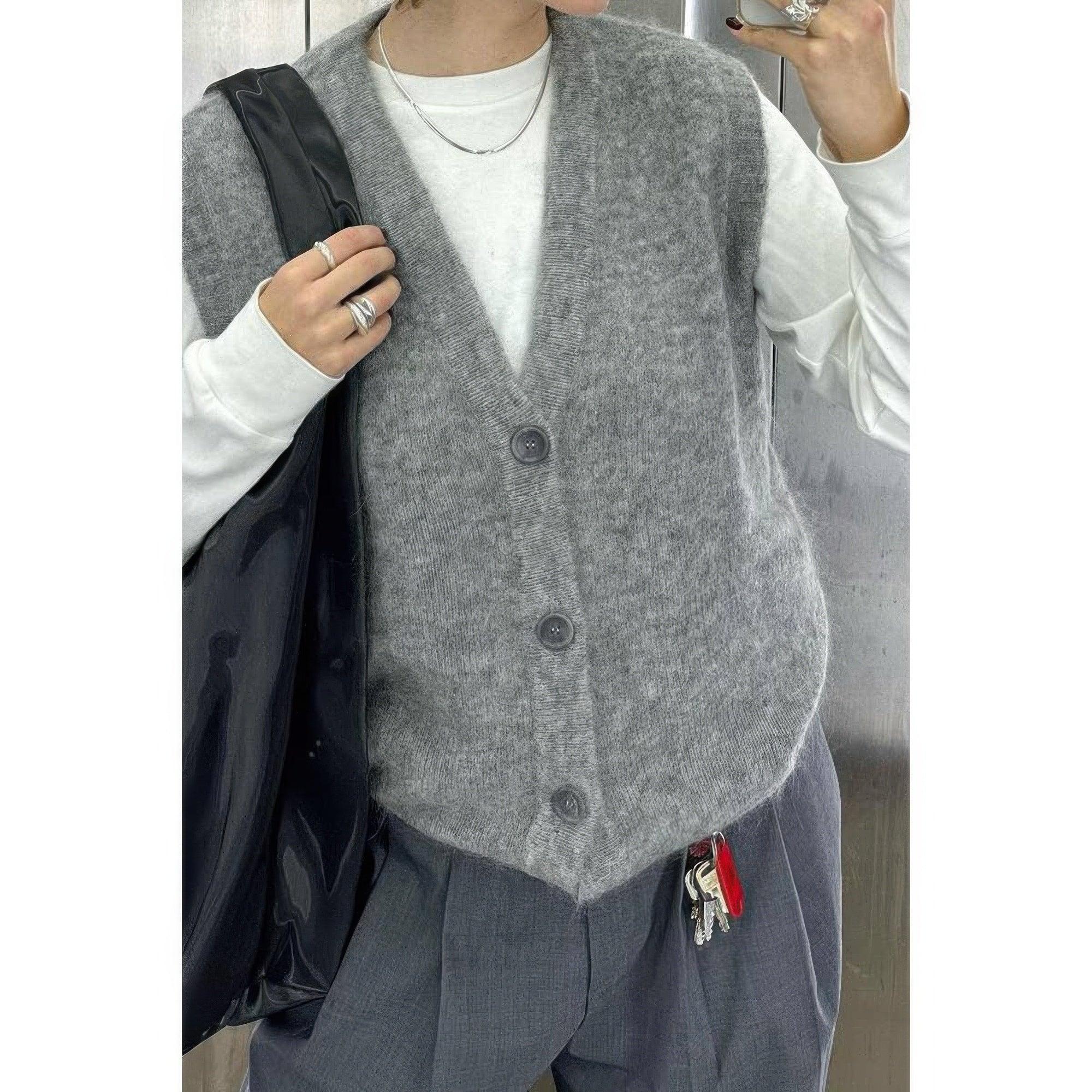 Solid V Neck Sleeveless Knitted Cardigan Vest | Mixtshop LLC