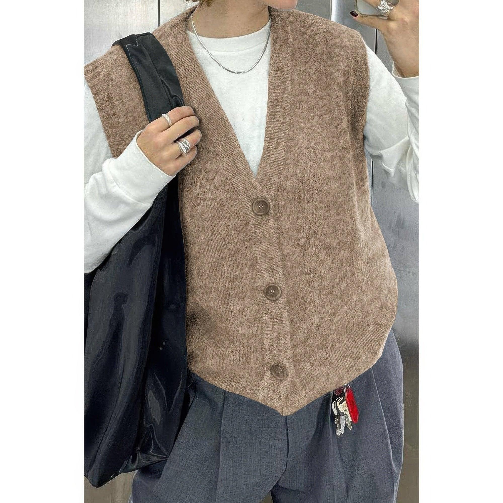 Solid V Neck Sleeveless Knitted Cardigan Vest | Mixtshop LLC
