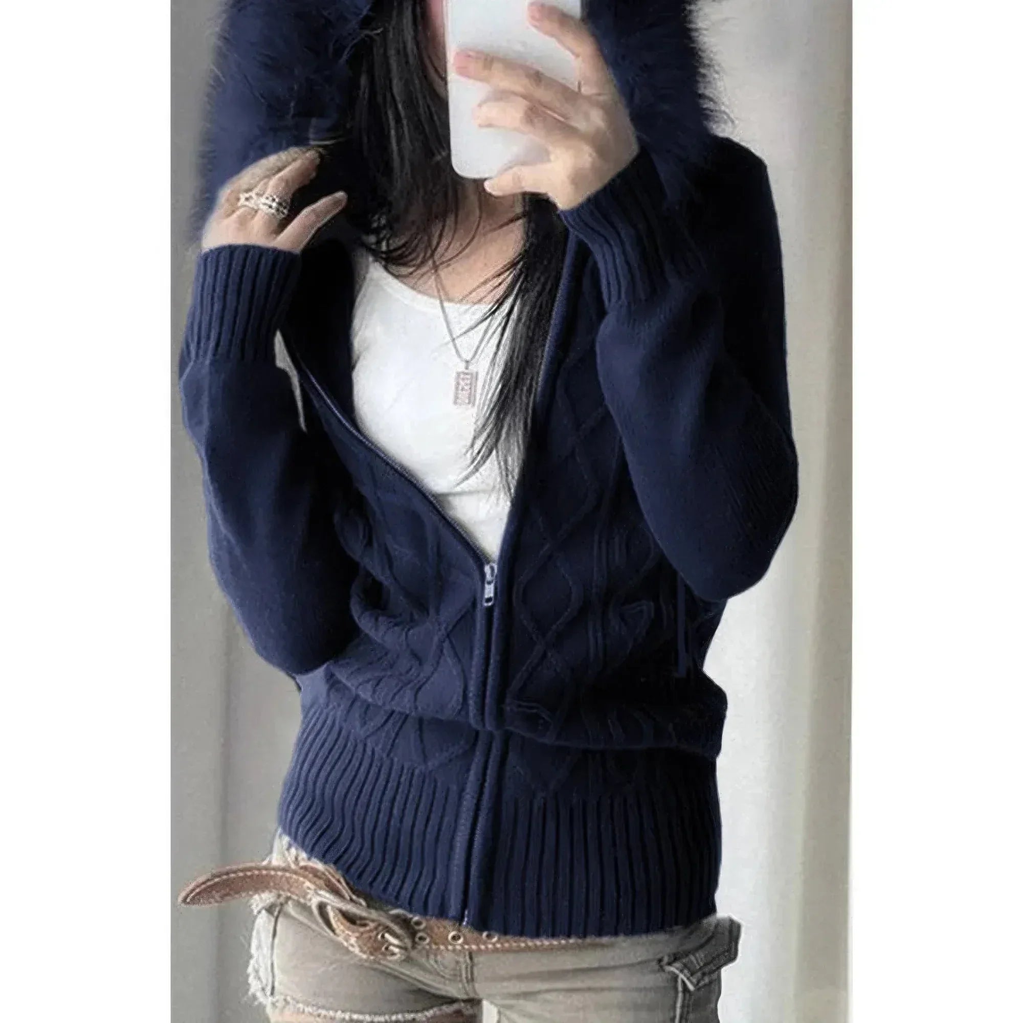 Solid Zipper Twist And Fur Stitching Jacket Secondary image