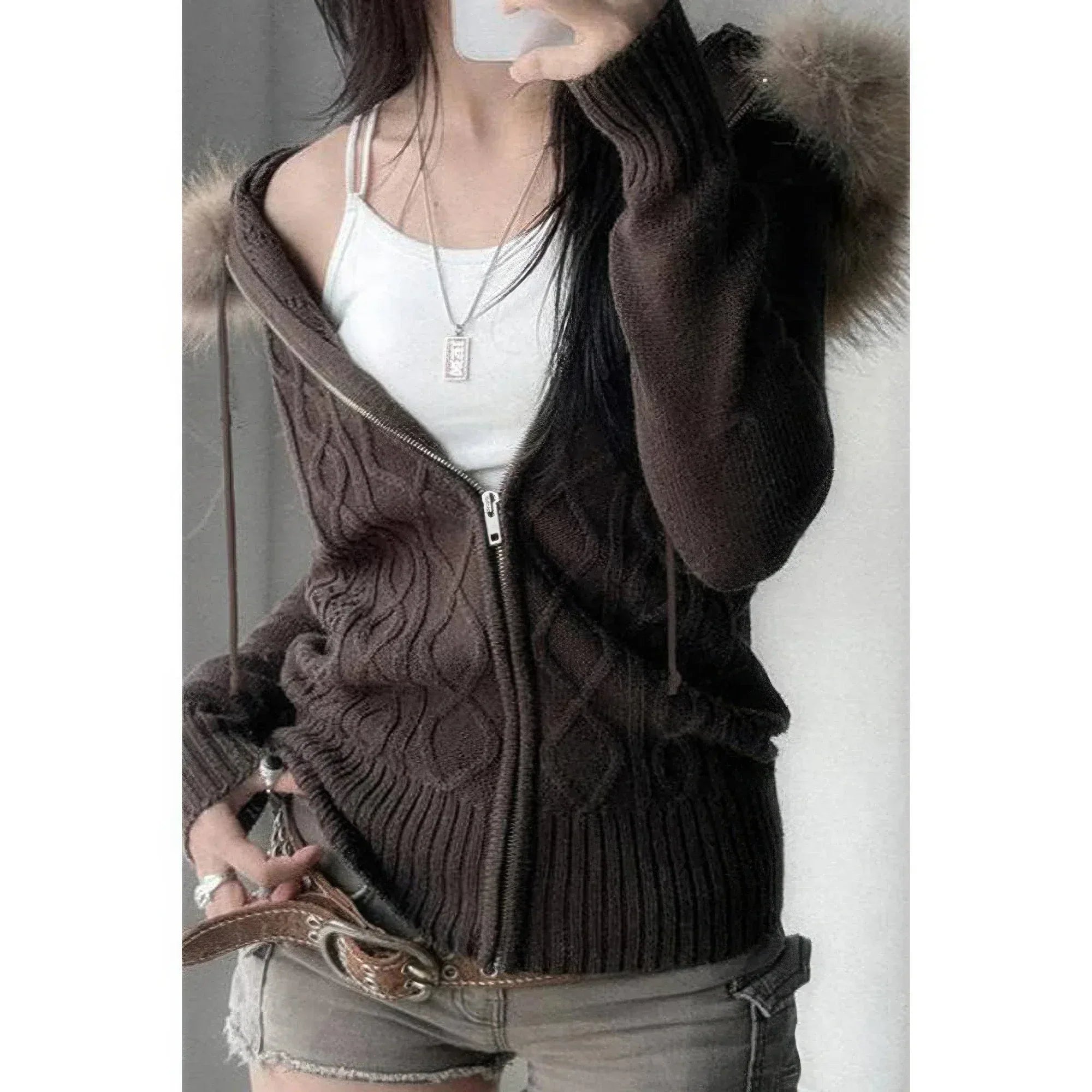Solid Zipper Twist And Fur Stitching Jacket | Mixtshop LLC