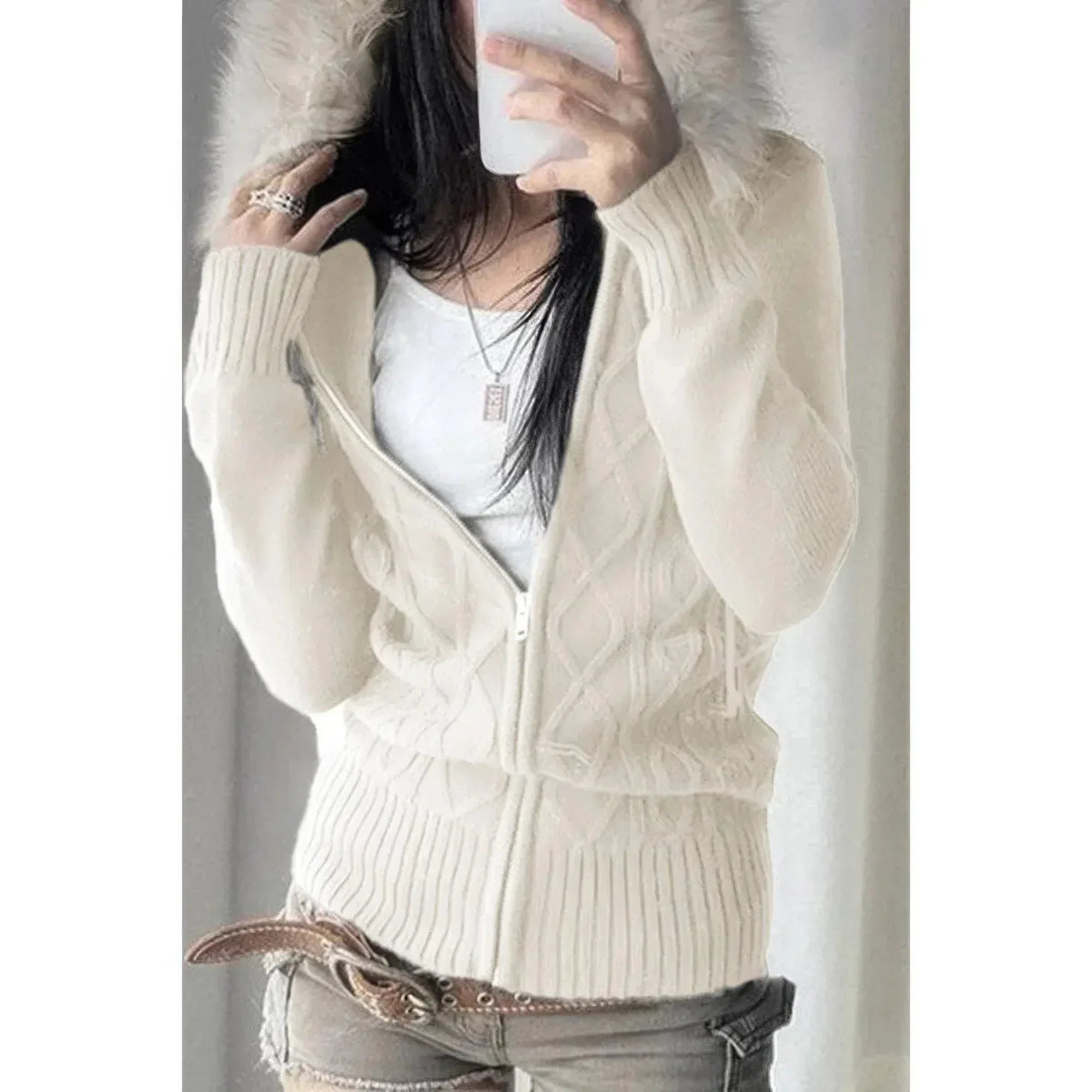 Solid Zipper Twist And Fur Stitching Jacket | Mixtshop LLC