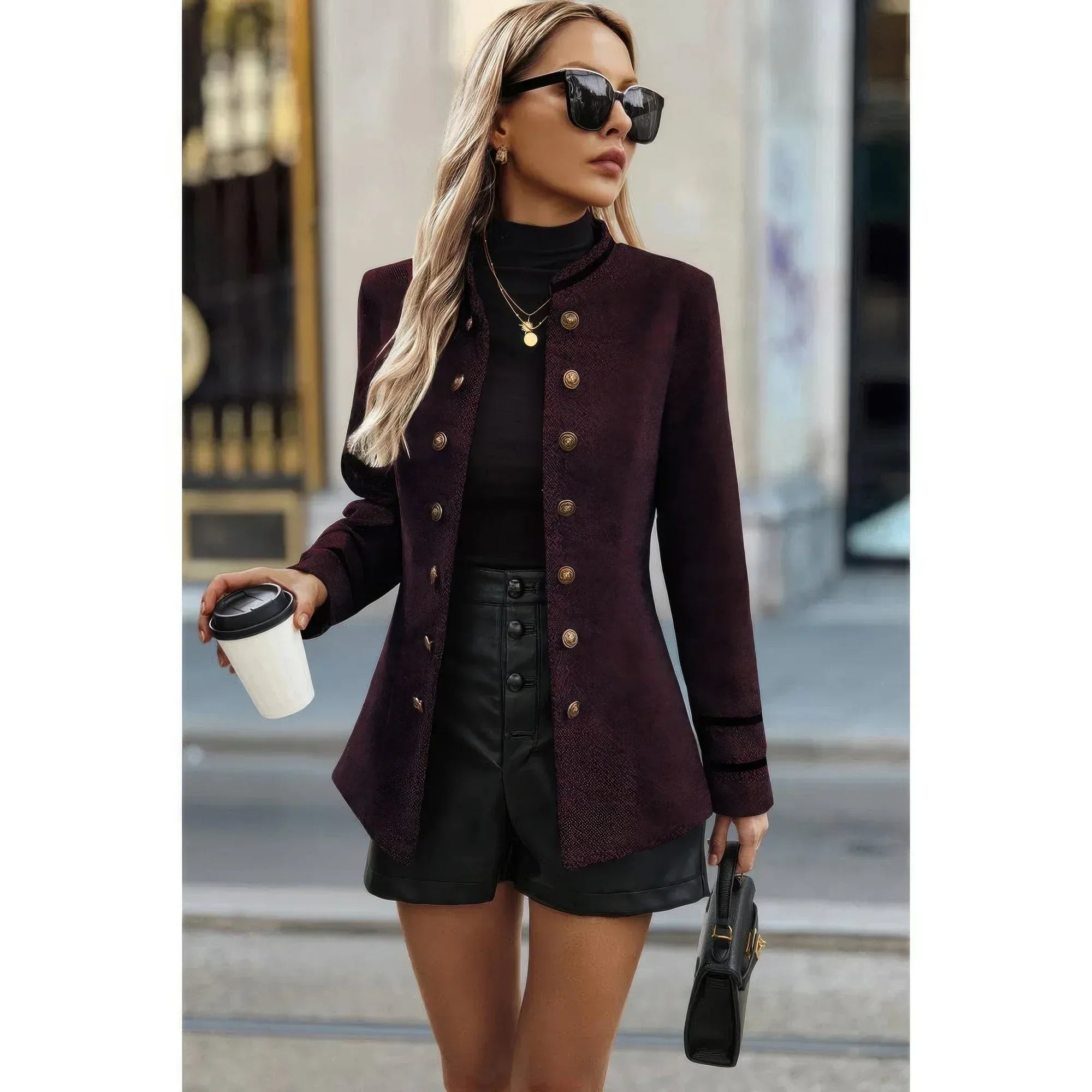 Solid Decorative Button Stand Collar Jacket | Mixtshop LLC
