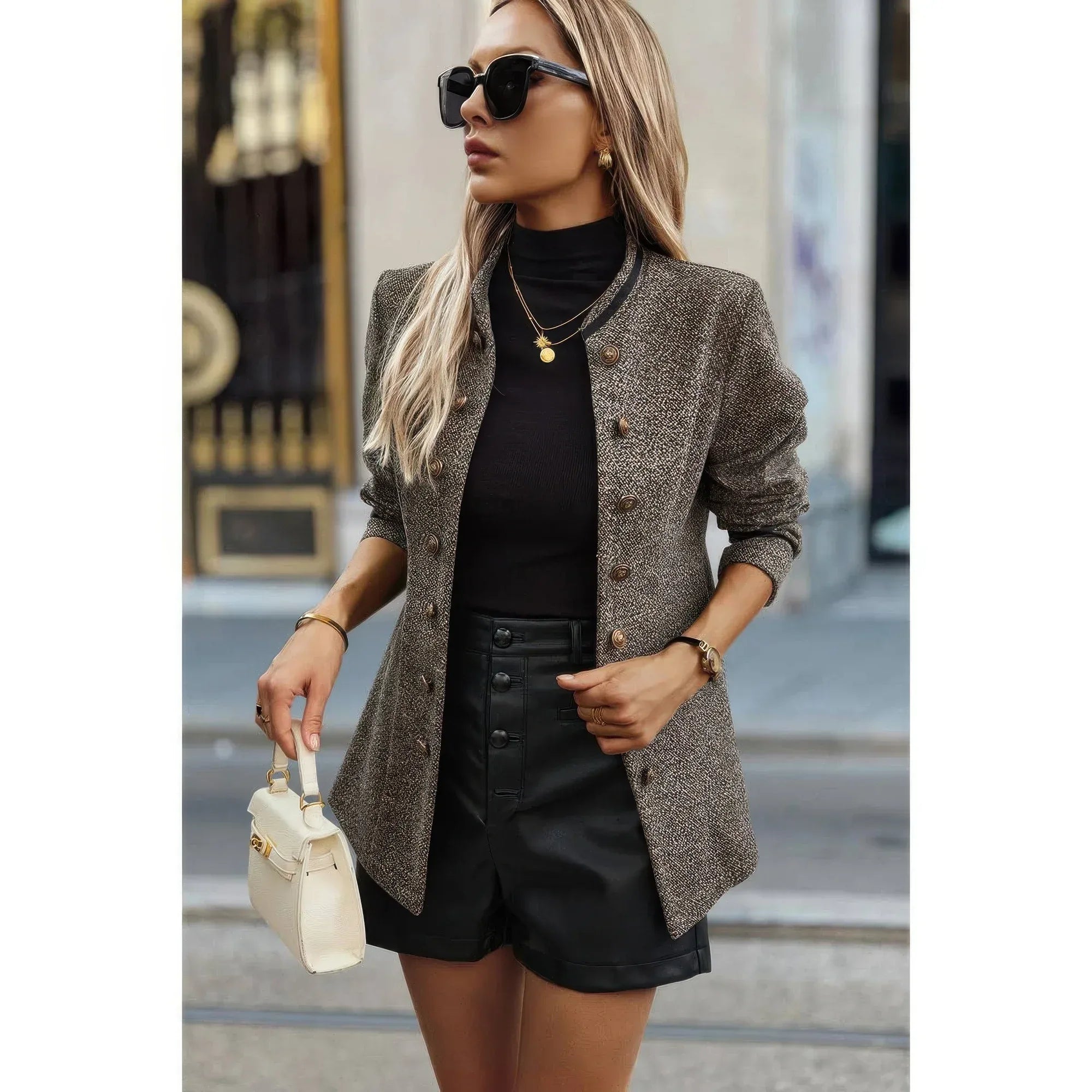 Solid Decorative Button Stand Collar Jacket | Mixtshop LLC