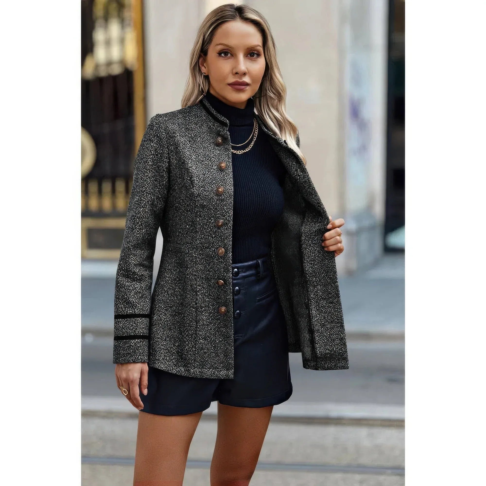 Solid Decorative Button Stand Collar Jacket | Mixtshop LLC