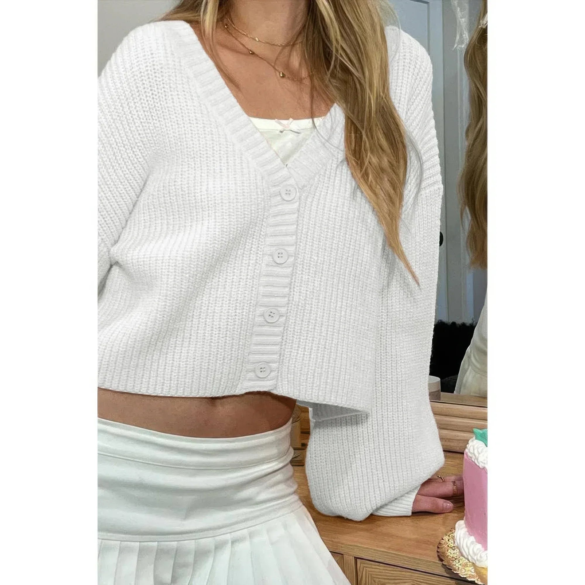 Drop Shoulder Solid Knit V Neck Button Sweater | Mixtshop LLC