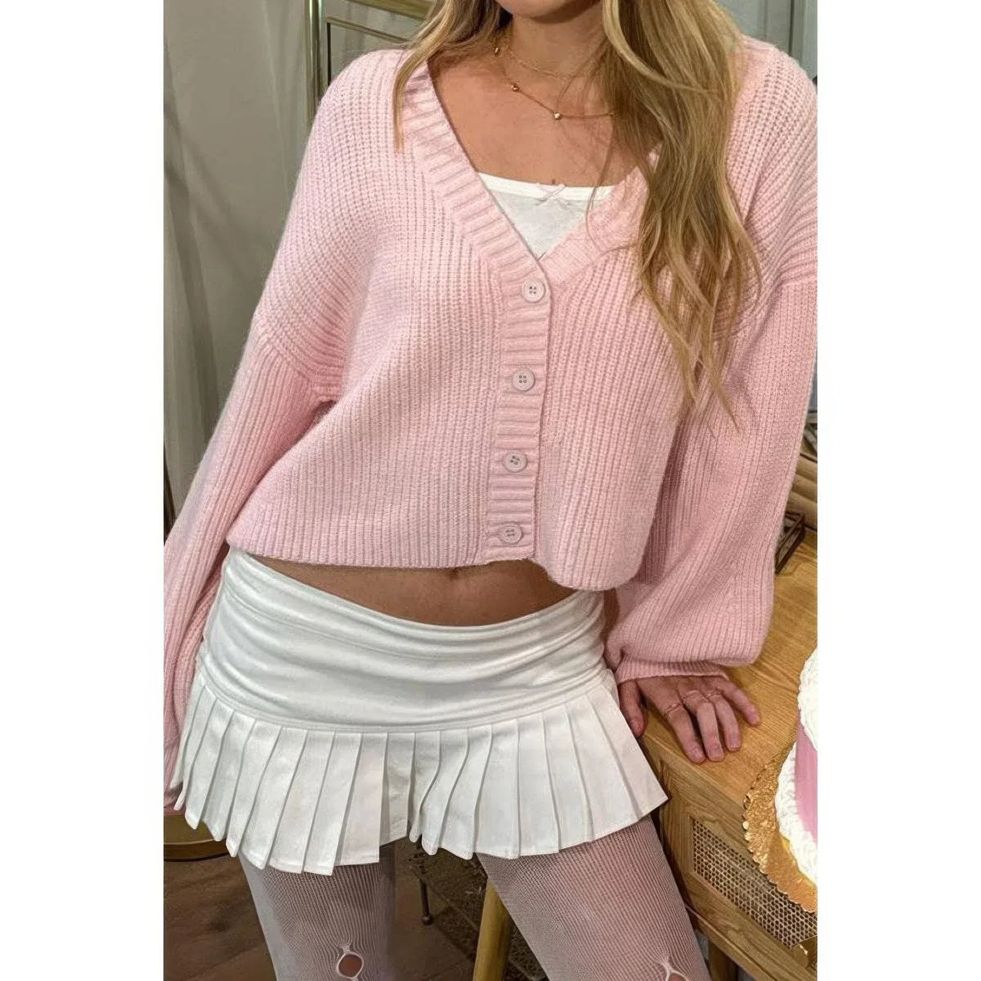 Drop Shoulder Solid Knit V Neck Button Sweater | Mixtshop LLC