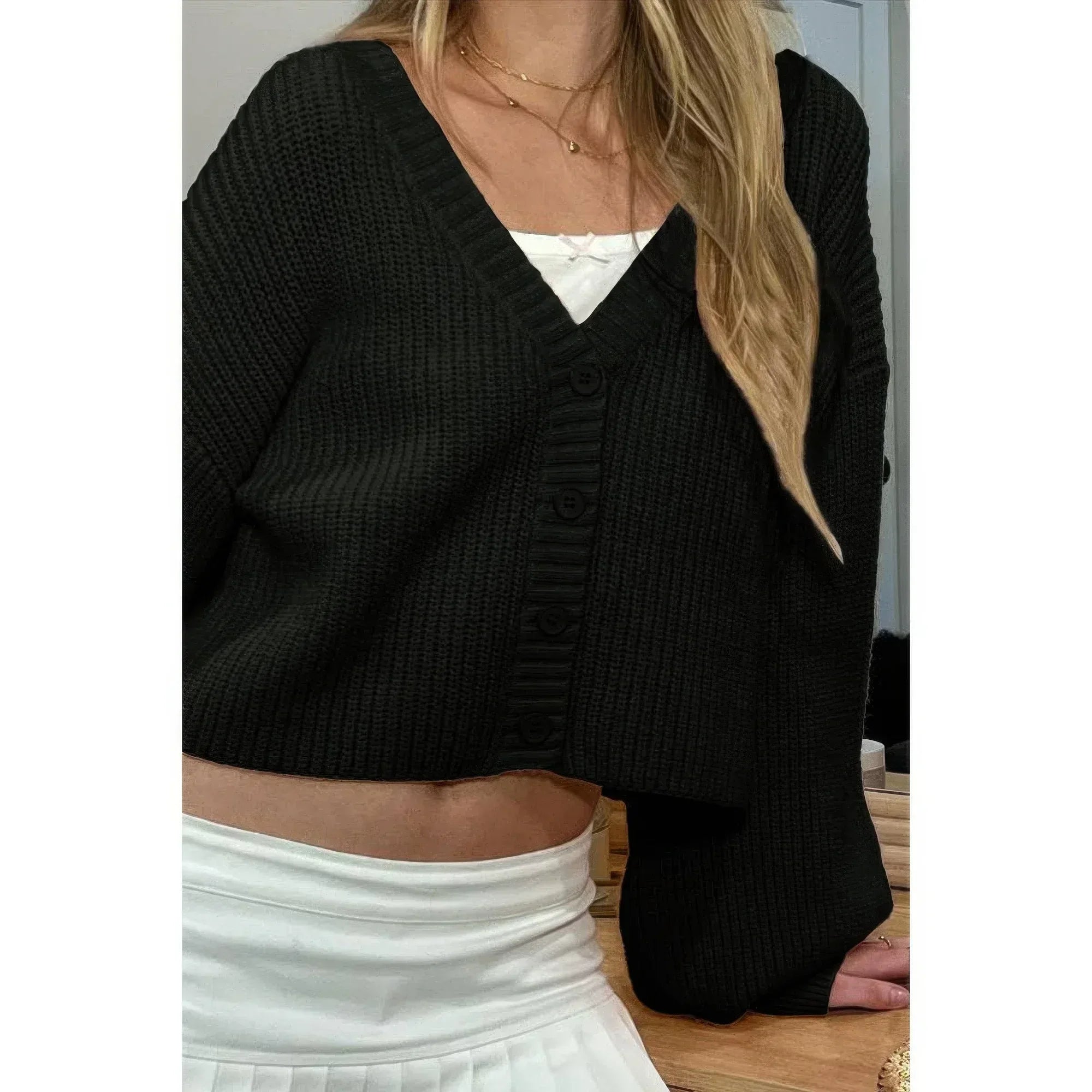 Drop Shoulder Solid Knit V Neck Button Sweater | Mixtshop LLC