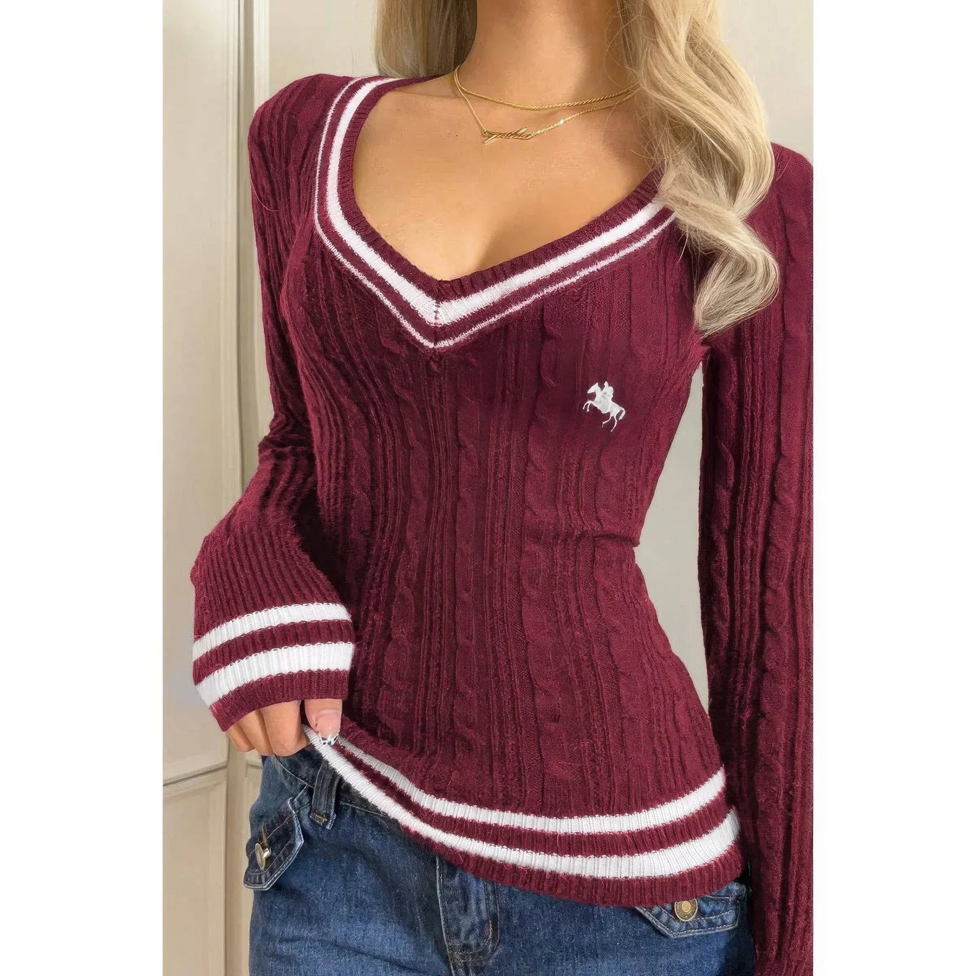 V Neck Cable Knit Long Sleeve Fit Sweater | Mixtshop LLC Main image