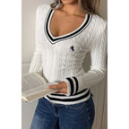 V Neck Cable Knit Long Sleeve Fit Sweater | Mixtshop LLC