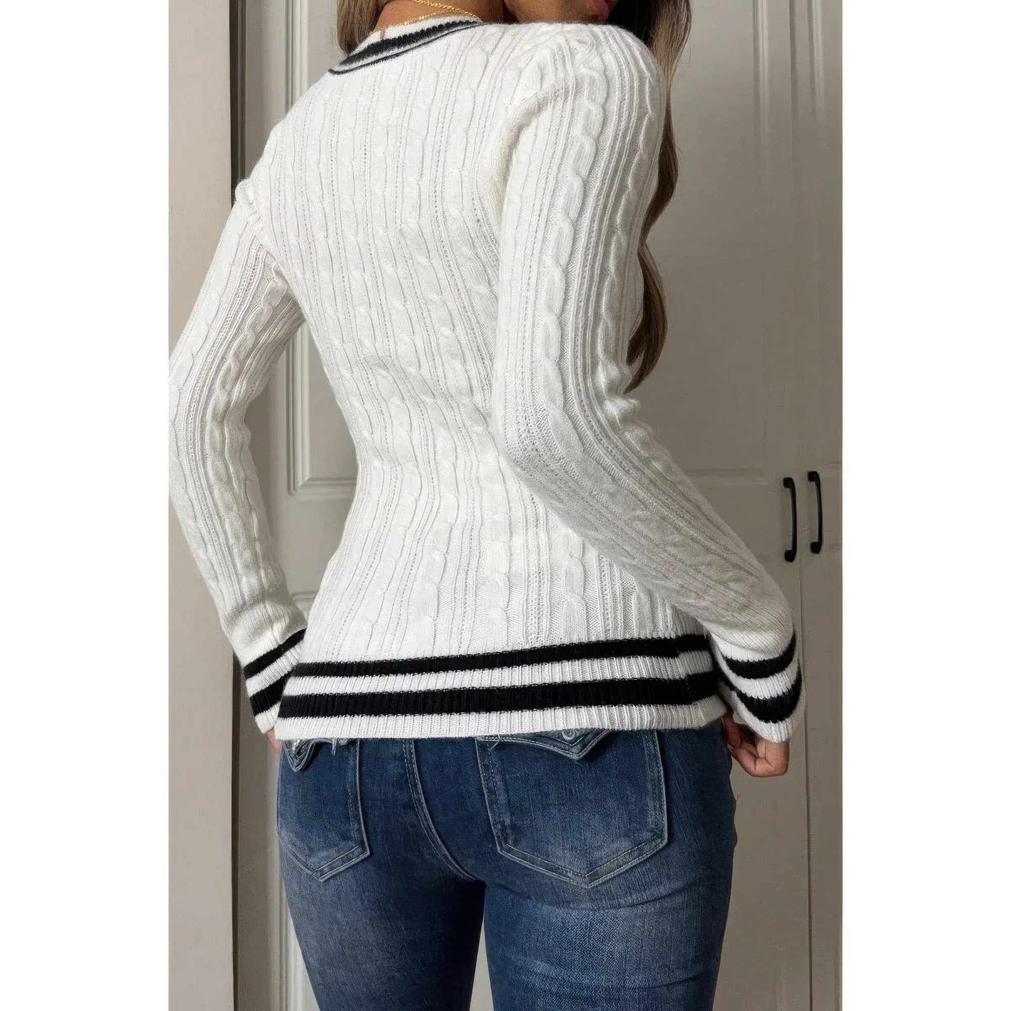 V Neck Cable Knit Long Sleeve Fit Sweater | Mixtshop LLC