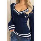 V Neck Cable Knit Long Sleeve Fit Sweater | Mixtshop LLC