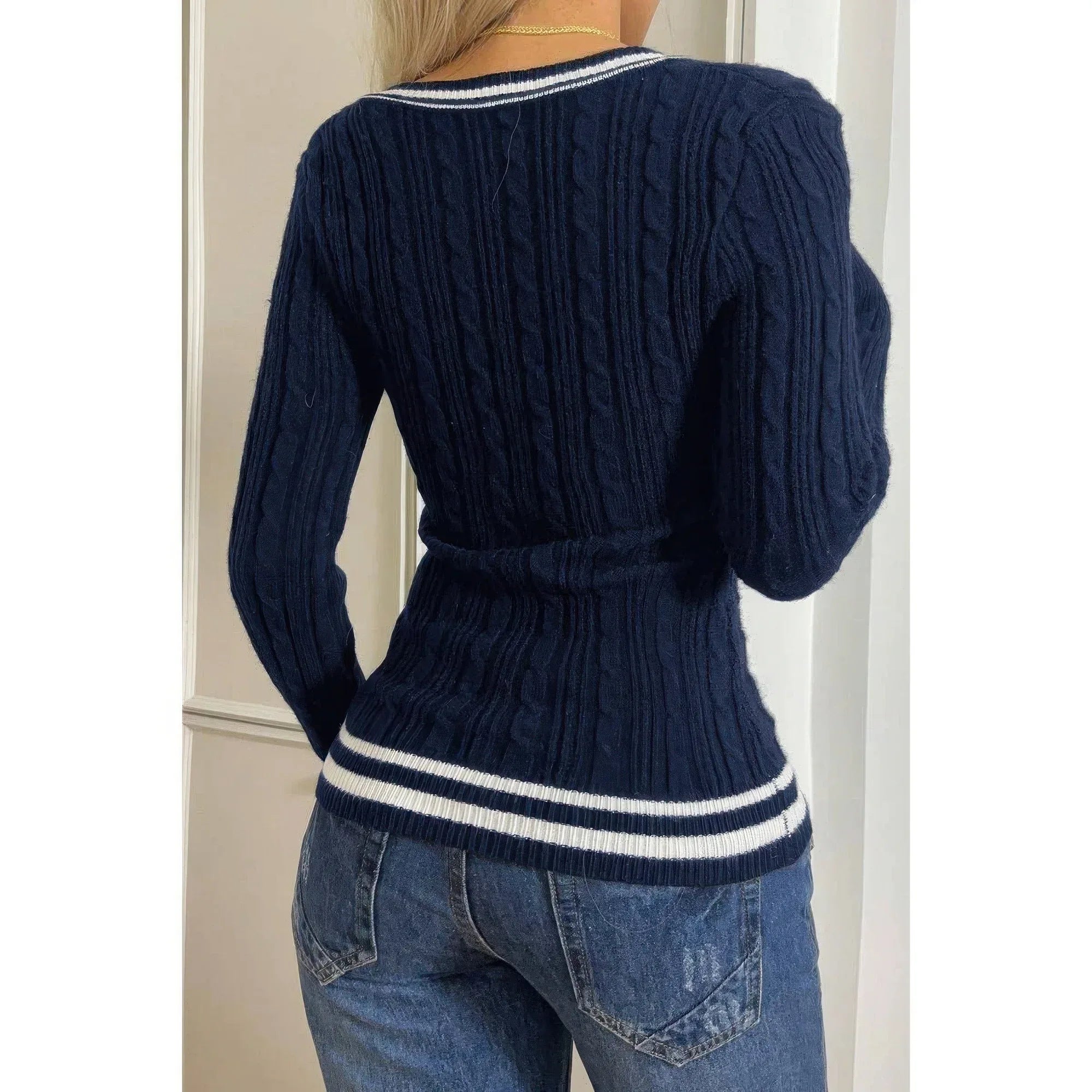 V Neck Cable Knit Long Sleeve Fit Sweater | Mixtshop LLC