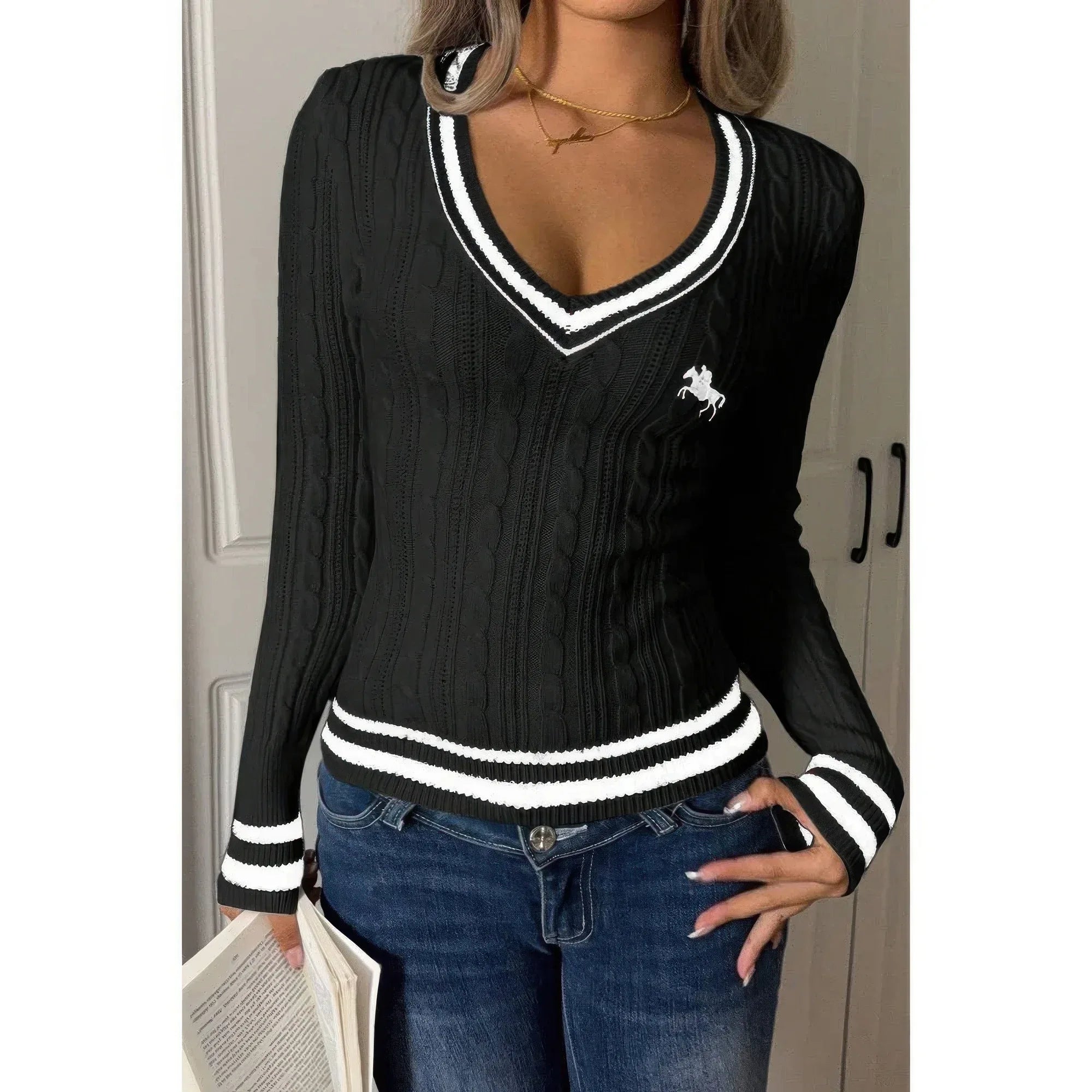 V Neck Cable Knit Long Sleeve Fit Sweater | Mixtshop LLC