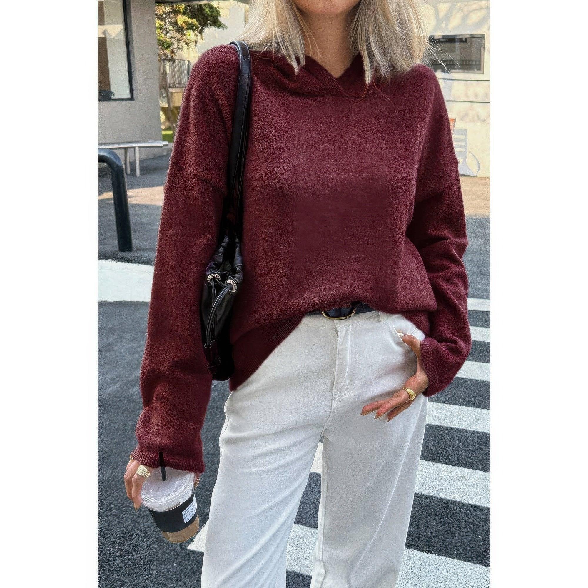 Solid Knit Long Sleeve Loose Hooded Sweater | Mixtshop LLC