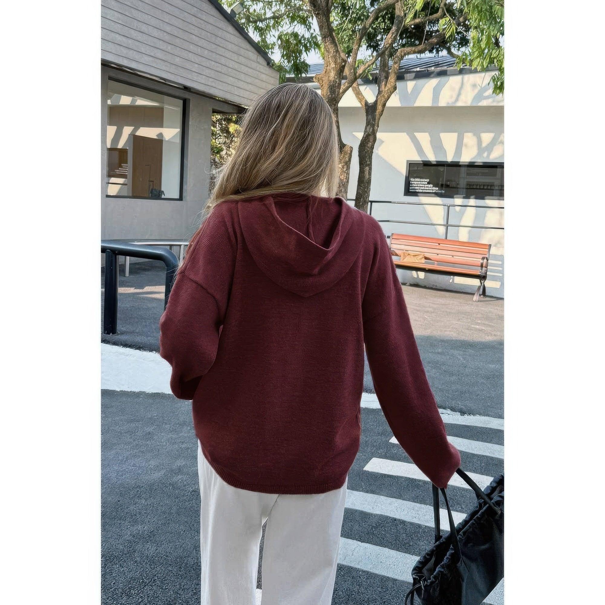 Solid Knit Long Sleeve Loose Hooded Sweater | Mixtshop LLC
