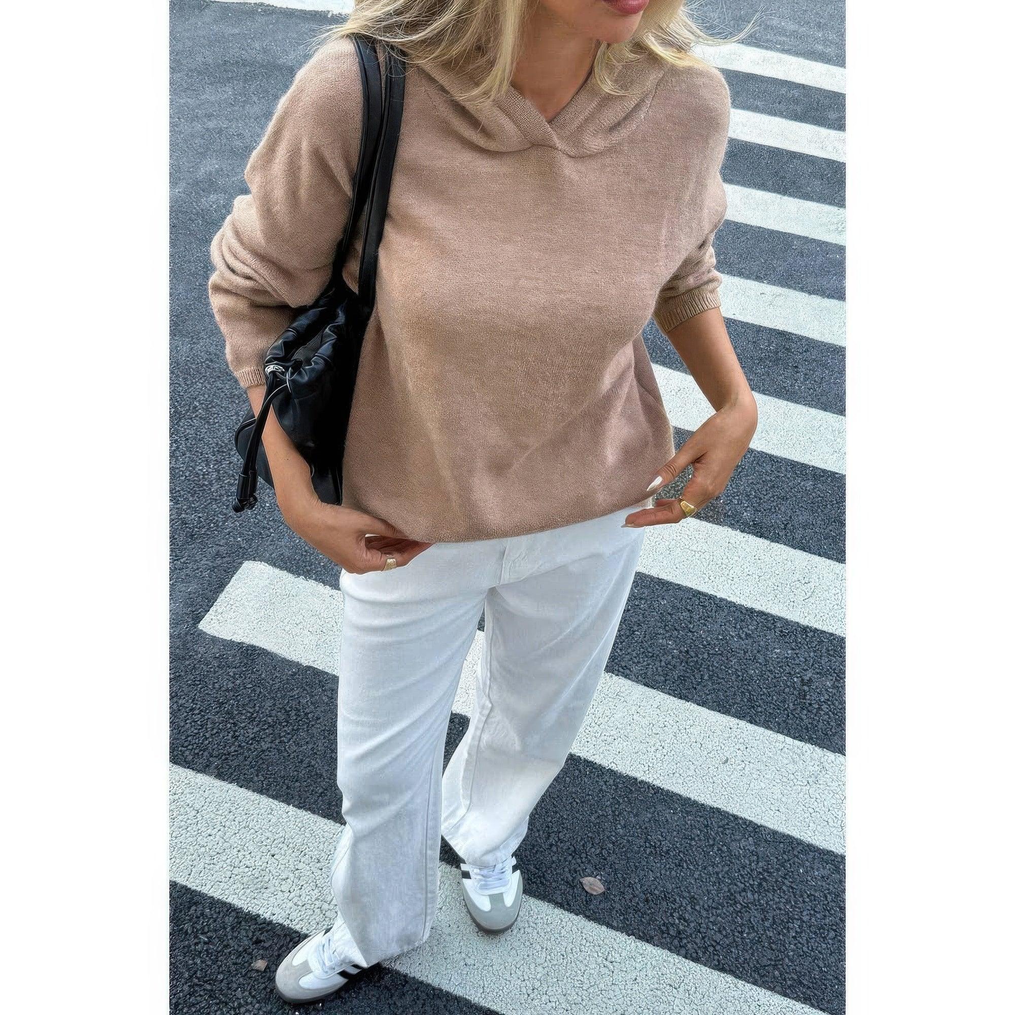 Solid Knit Long Sleeve Loose Hooded Sweater | Mixtshop LLC