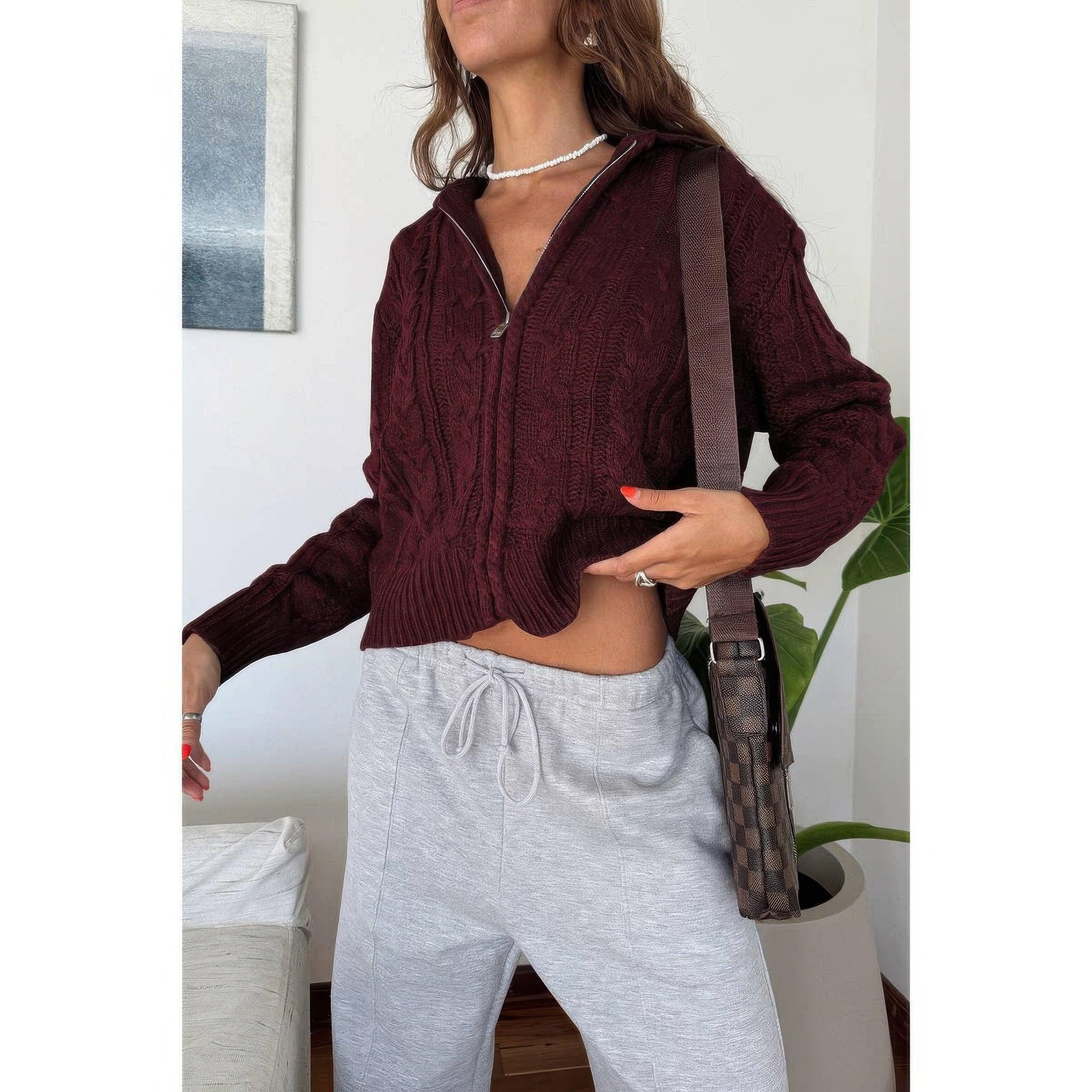 Solid Cable Knit Drop Shoulder Zipper Cardigan | Mixtshop LLC