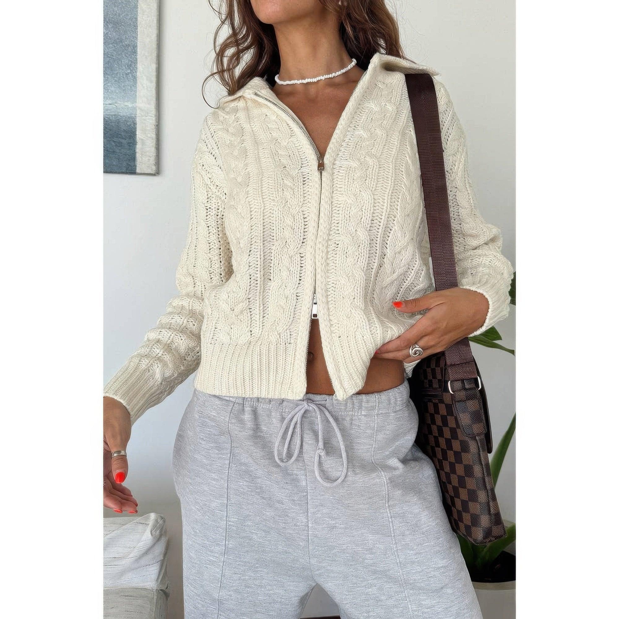 Solid Cable Knit Drop Shoulder Zipper Cardigan | Mixtshop LLC