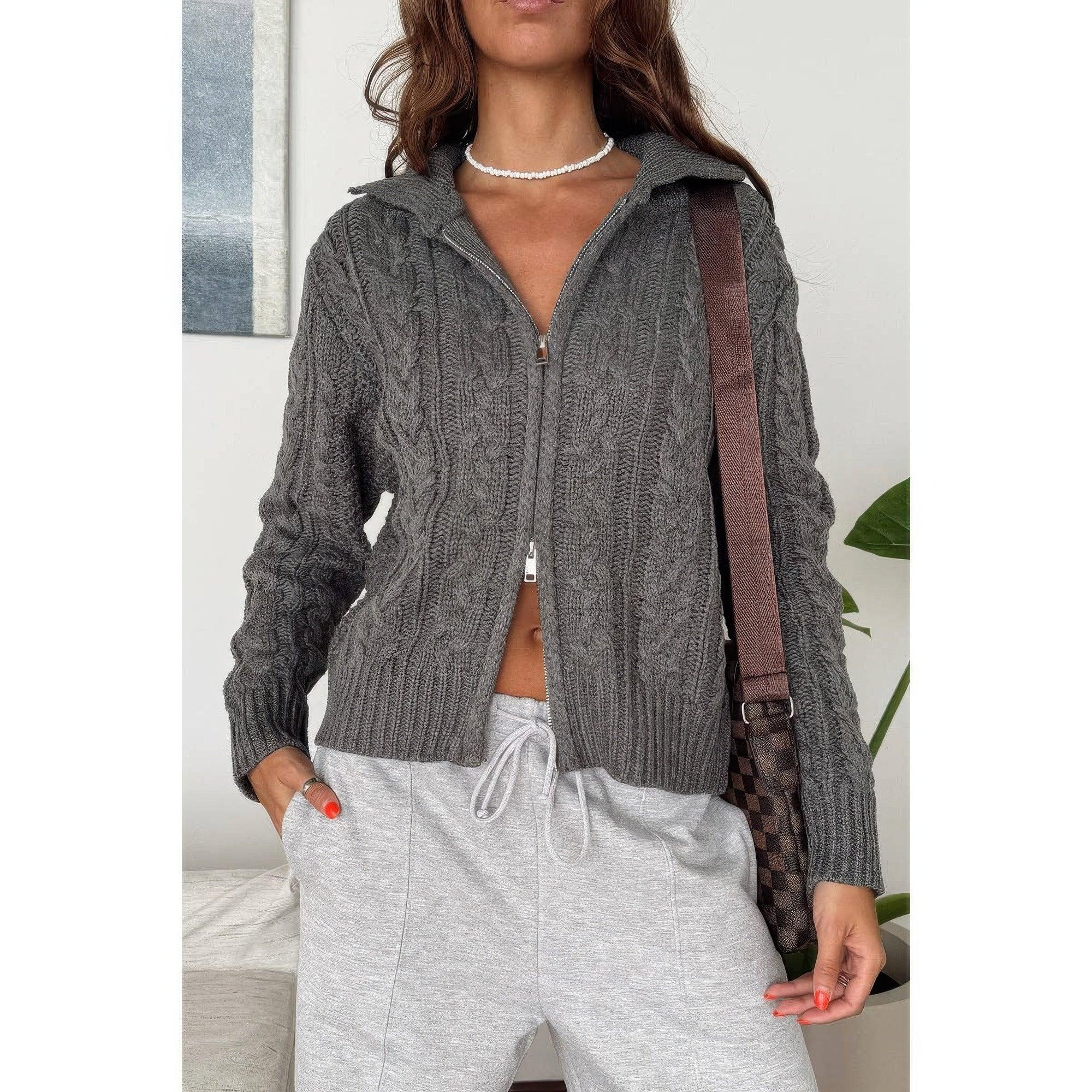 Solid Cable Knit Drop Shoulder Zipper Cardigan | Mixtshop LLC