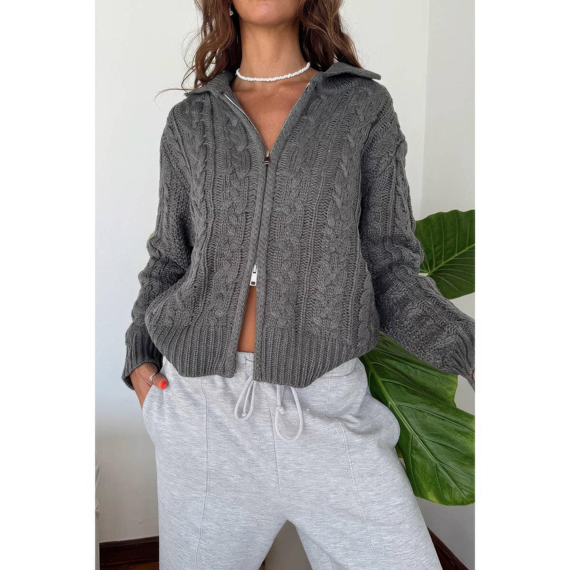 Solid Cable Knit Drop Shoulder Zipper Cardigan | Mixtshop LLC