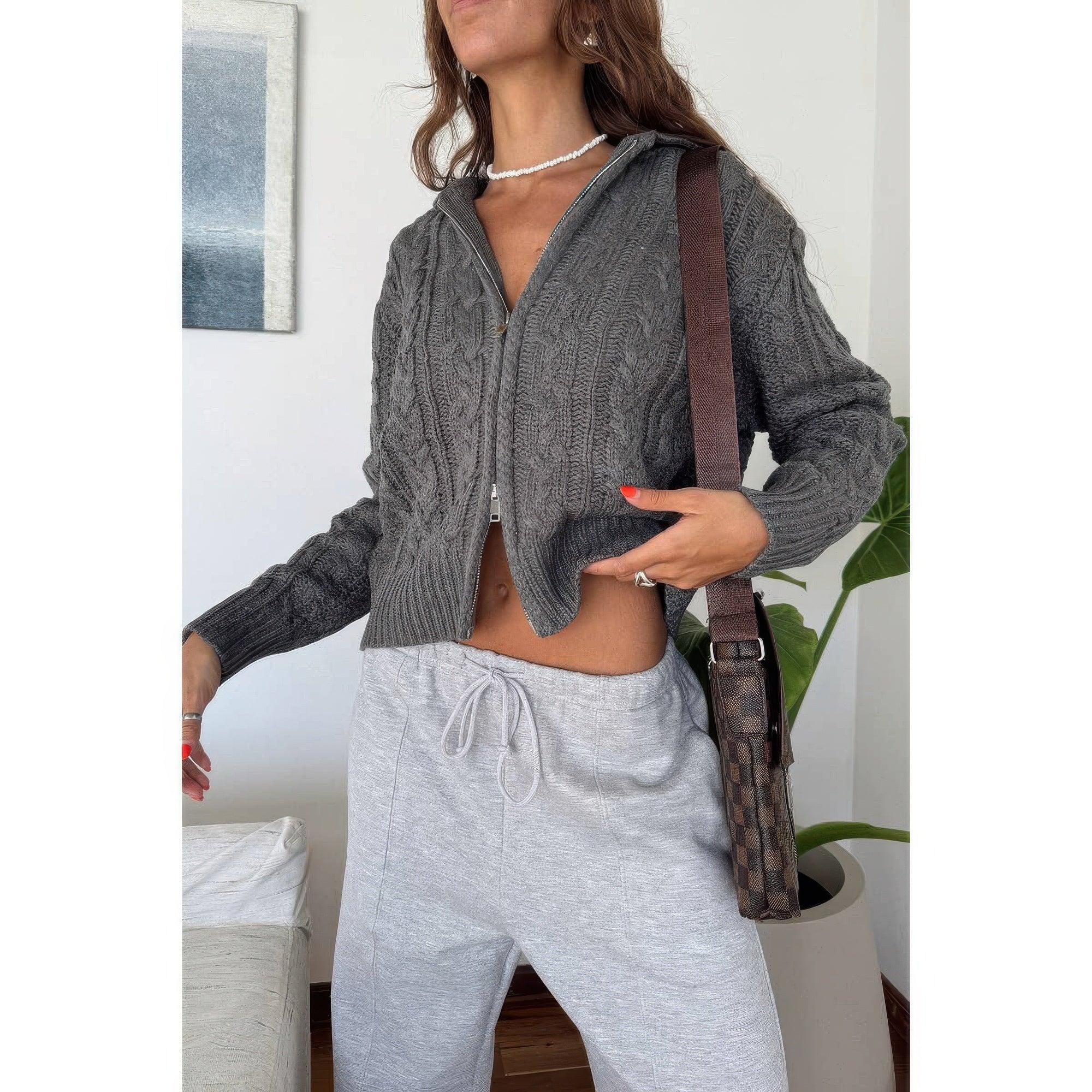 Solid Cable Knit Drop Shoulder Zipper Cardigan | Mixtshop LLC