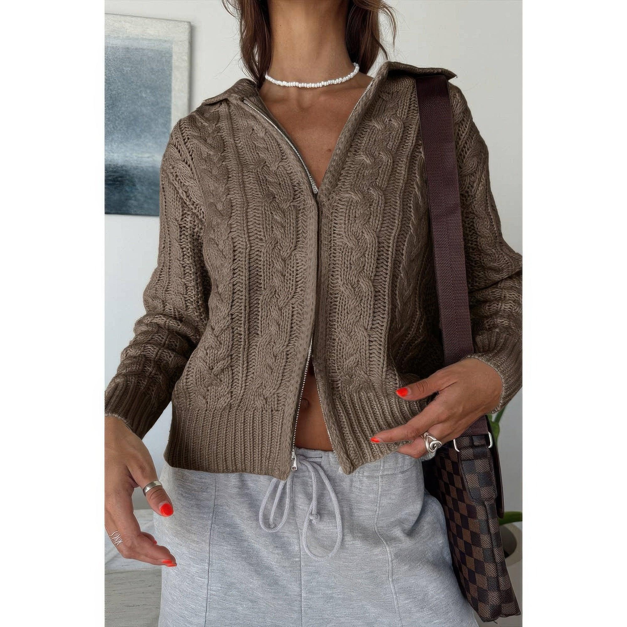 Solid Cable Knit Drop Shoulder Zipper Cardigan | Mixtshop LLC