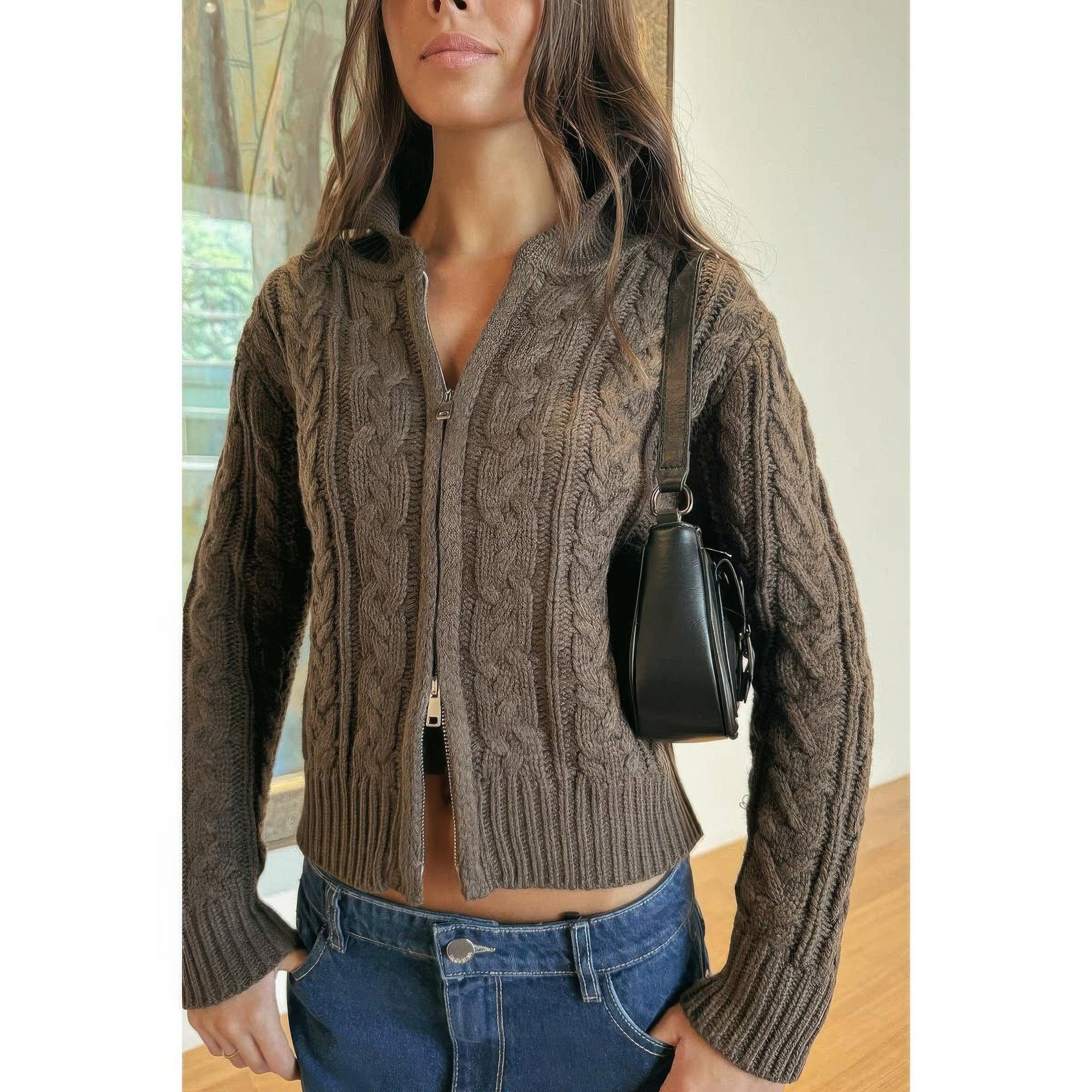 Solid Cable Knit Drop Shoulder Zipper Cardigan | Mixtshop LLC