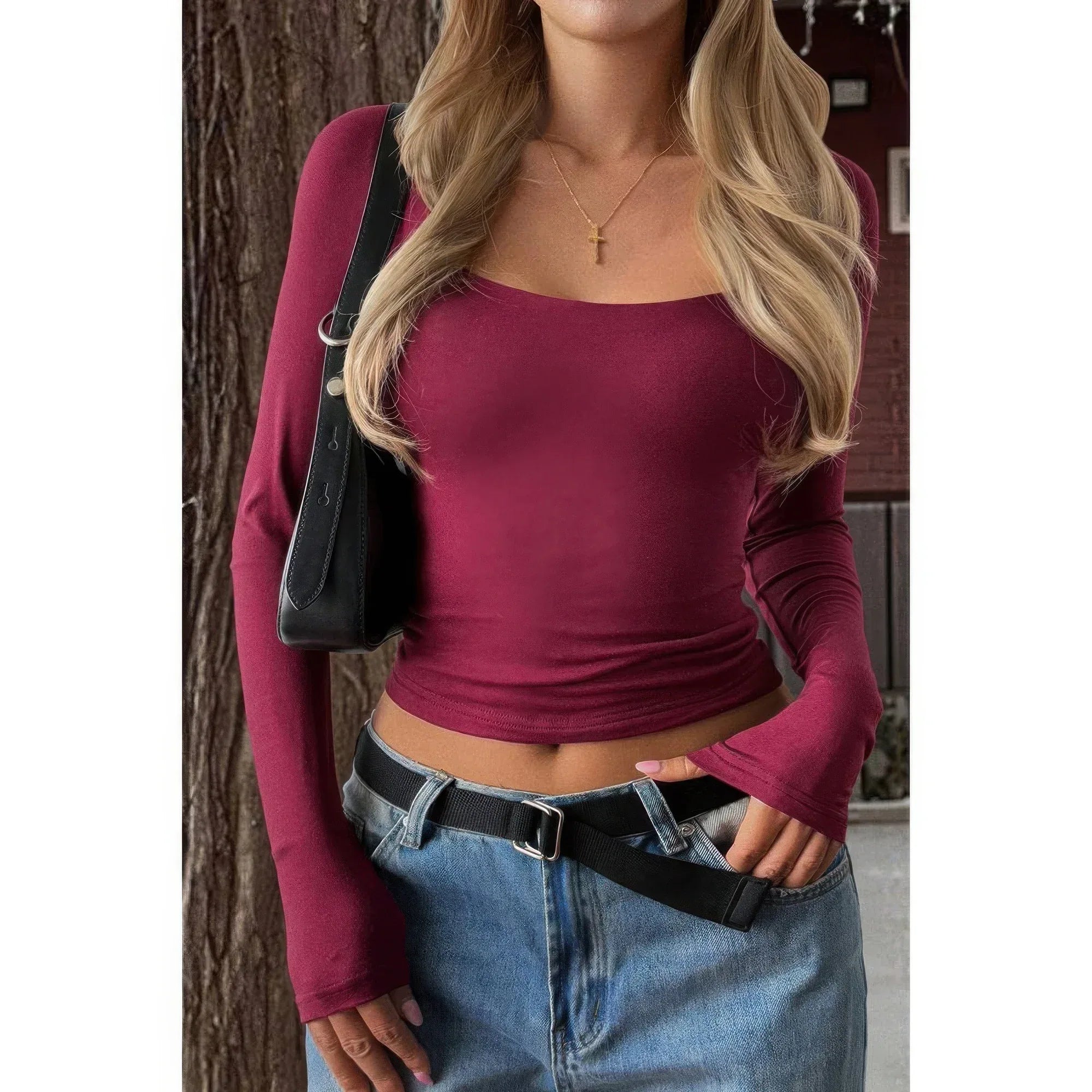 Solid Square Neck Long Sleeve Crop Top | Mixtshop LLC