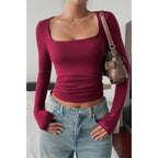 Solid Square Neck Long Sleeve Crop Top | Mixtshop LLC