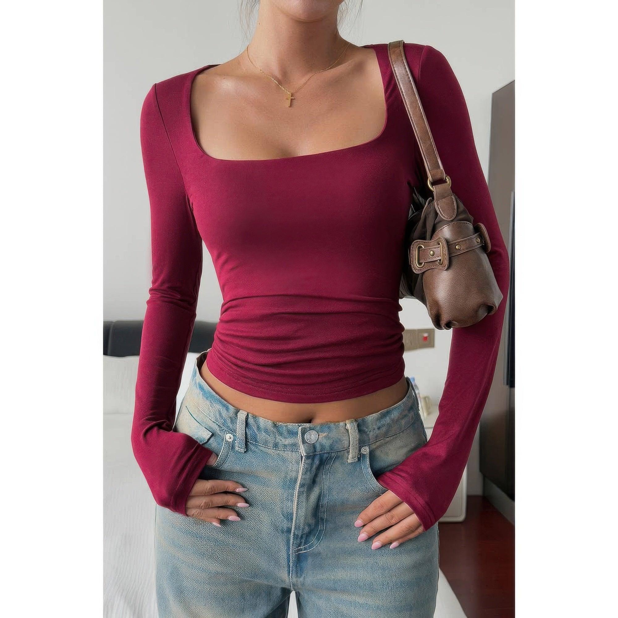 Solid Square Neck Long Sleeve Crop Top | Mixtshop LLC