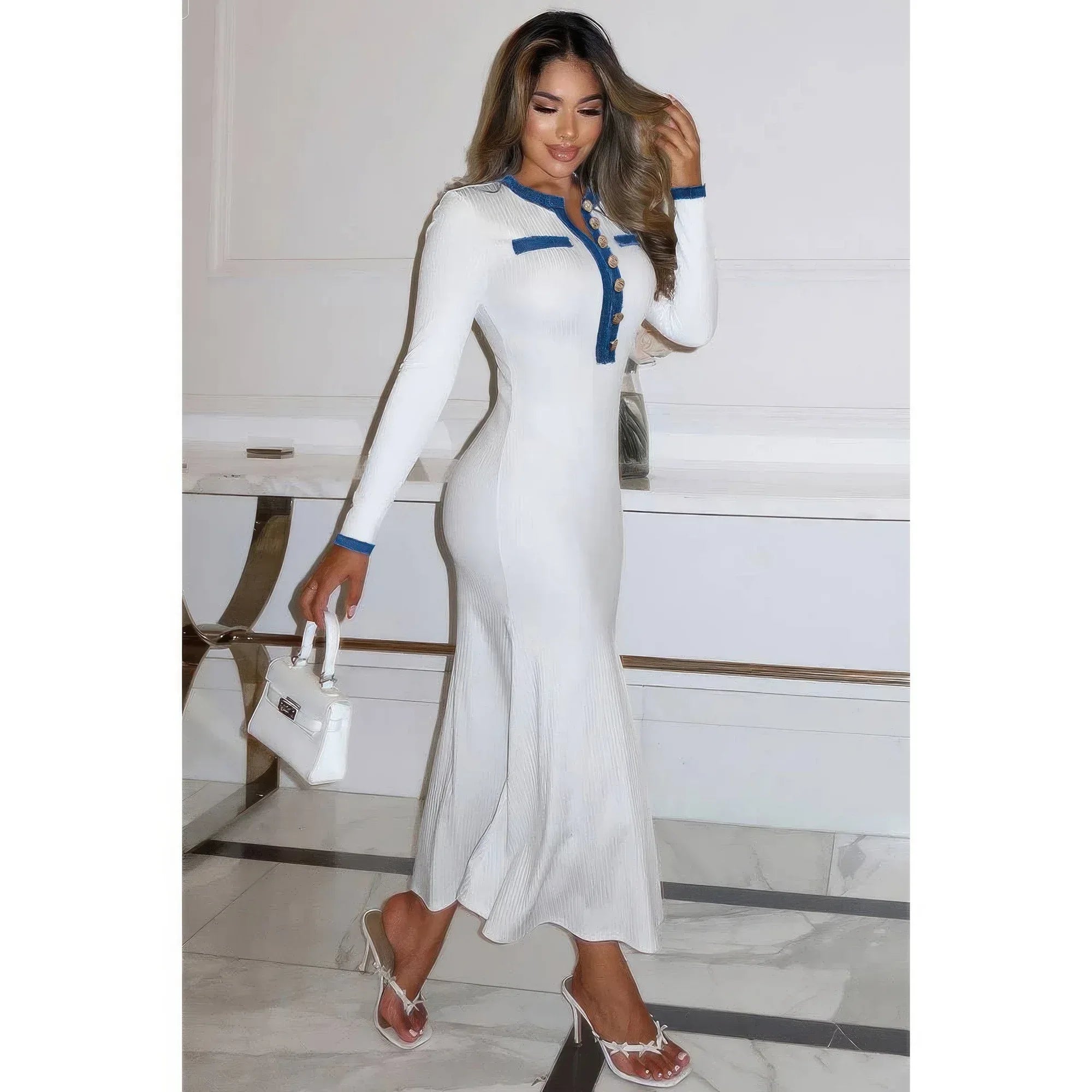 Contrast Trim Round Neck Long Sleeve Fit Dress | Mixtshop LLC