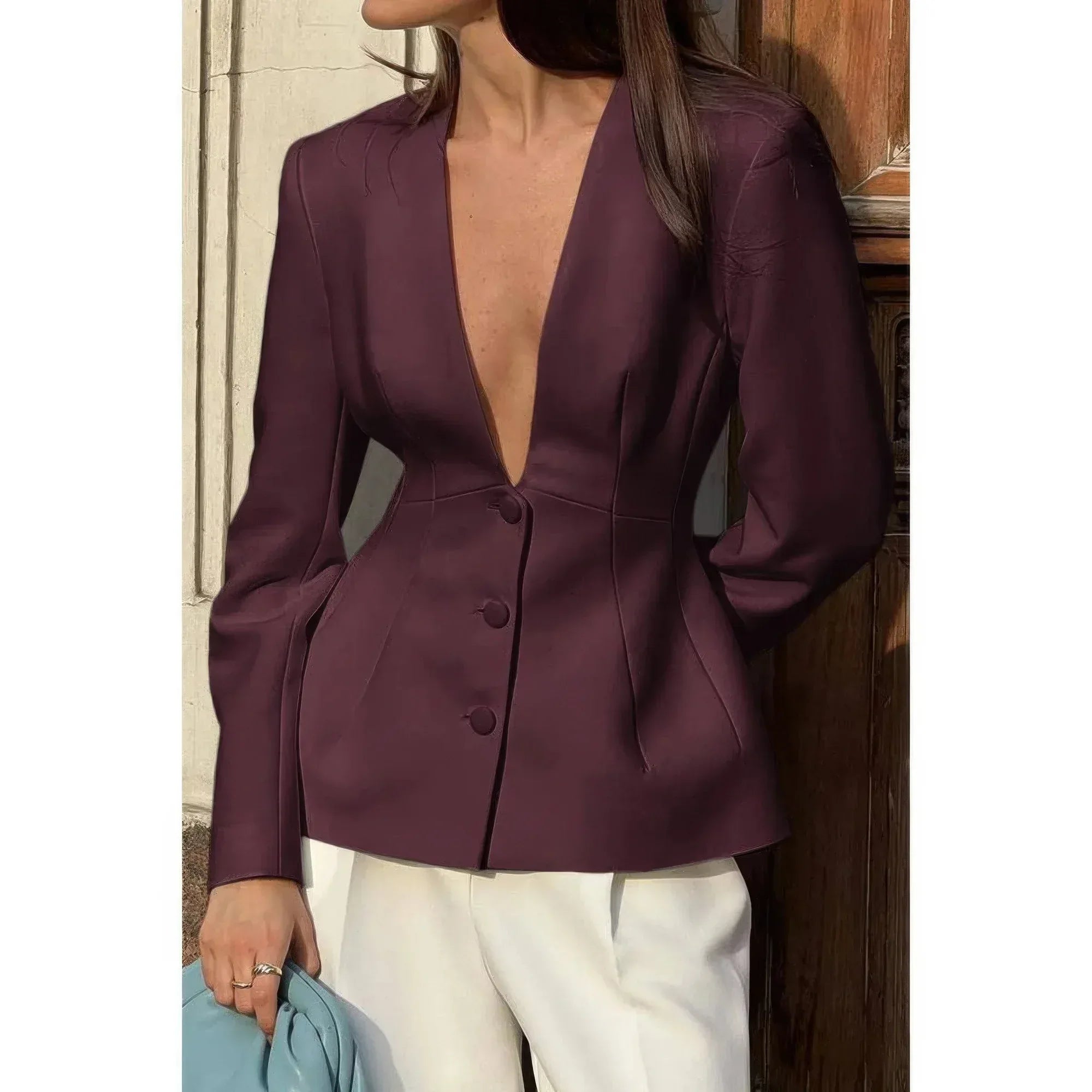 Solid Long Sleeve V Neck Button Fit Blazer | Mixtshop LLC