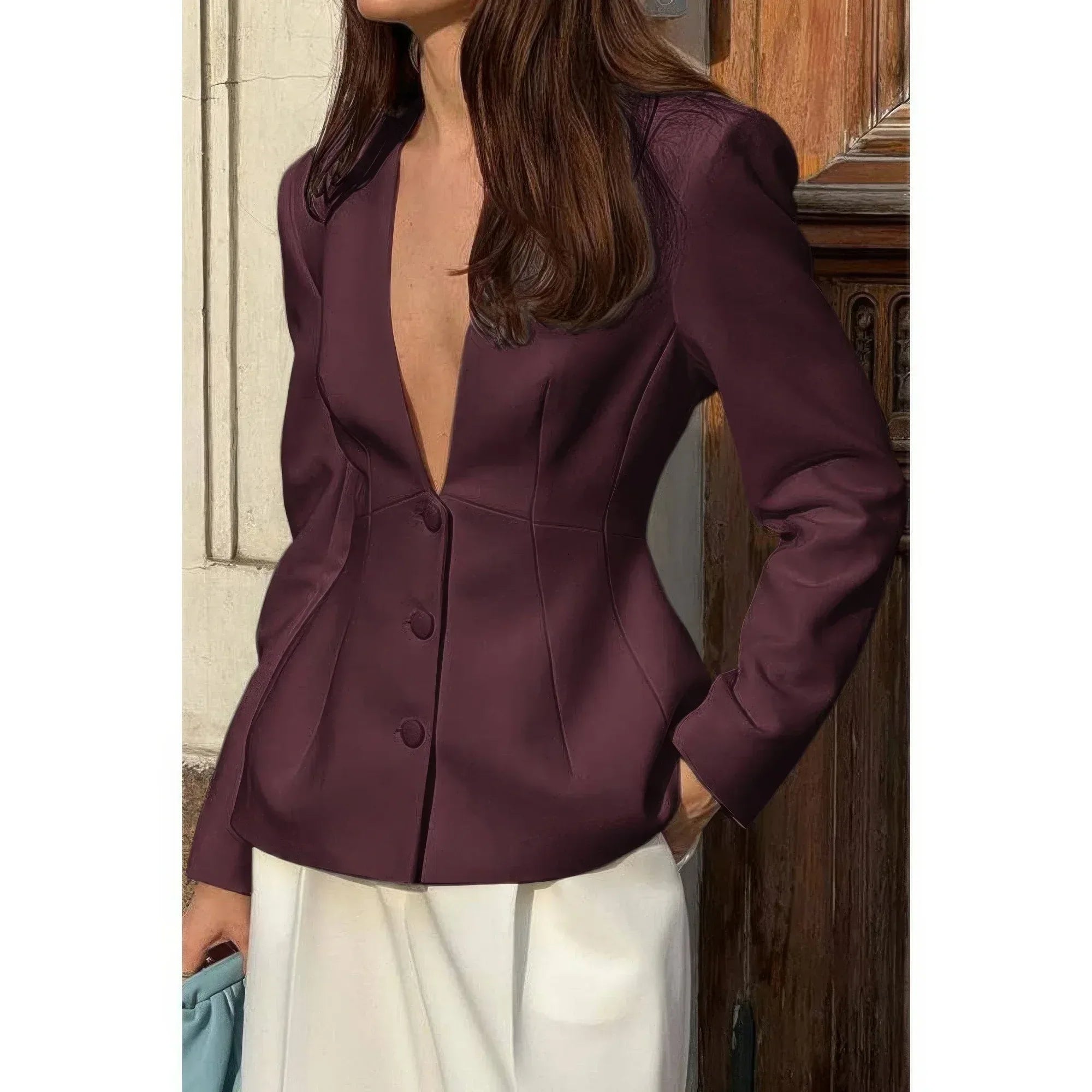 Solid Long Sleeve V Neck Button Fit Blazer | Mixtshop LLC