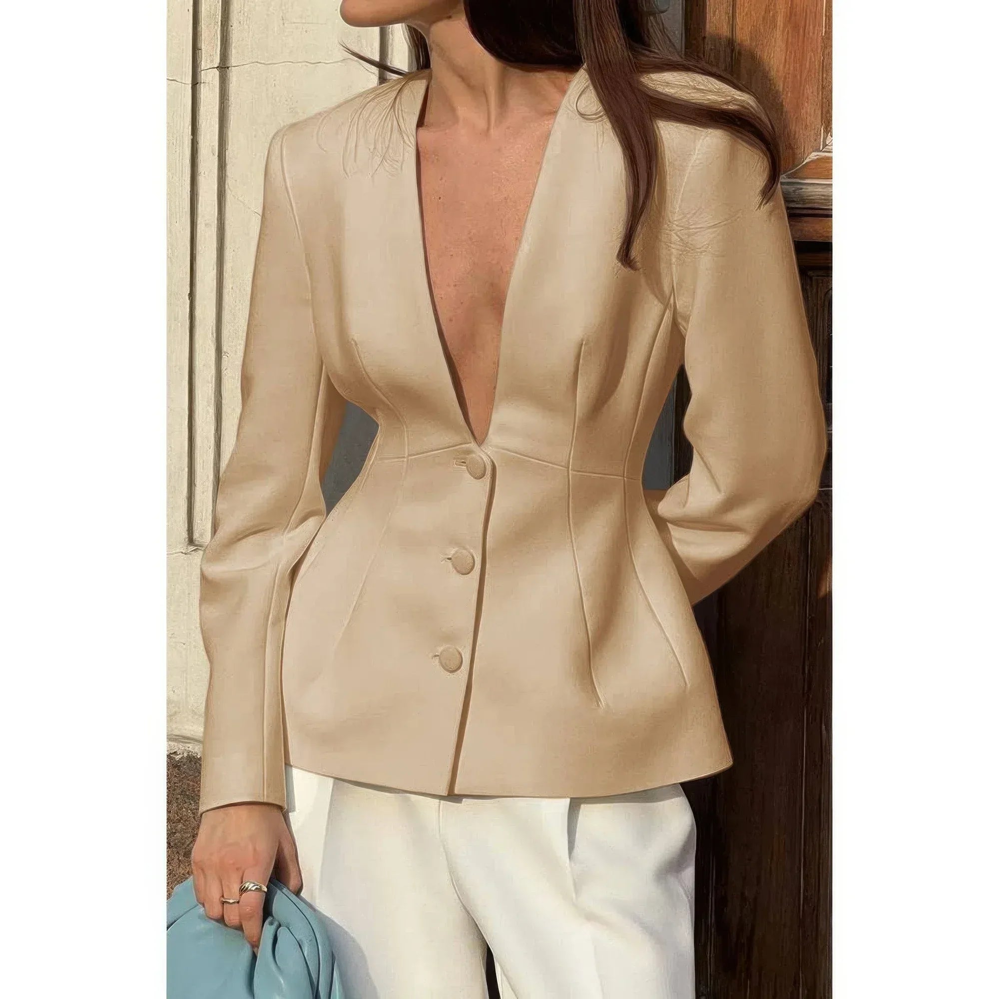 Solid Long Sleeve V Neck Button Fit Blazer | Mixtshop LLC