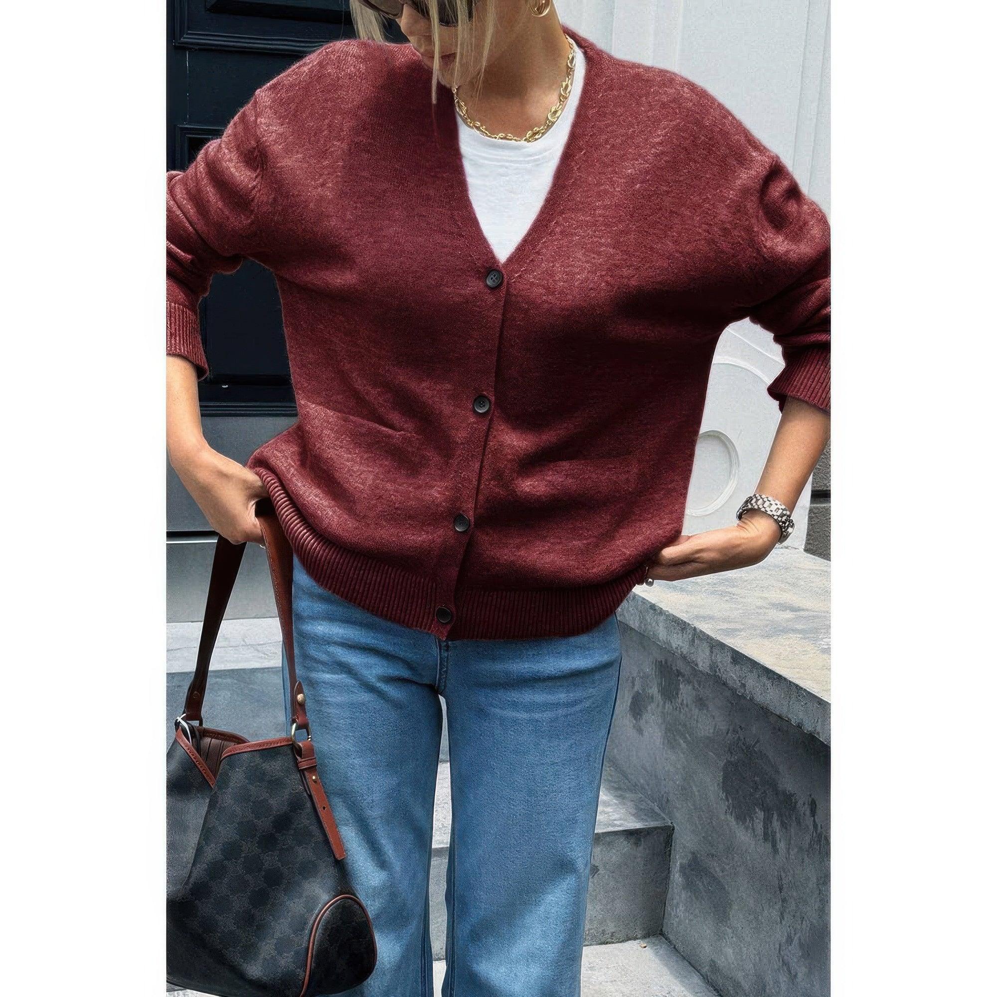 Knit Solid V Neck Button Pockets Sweater | Mixtshop LLC Main image