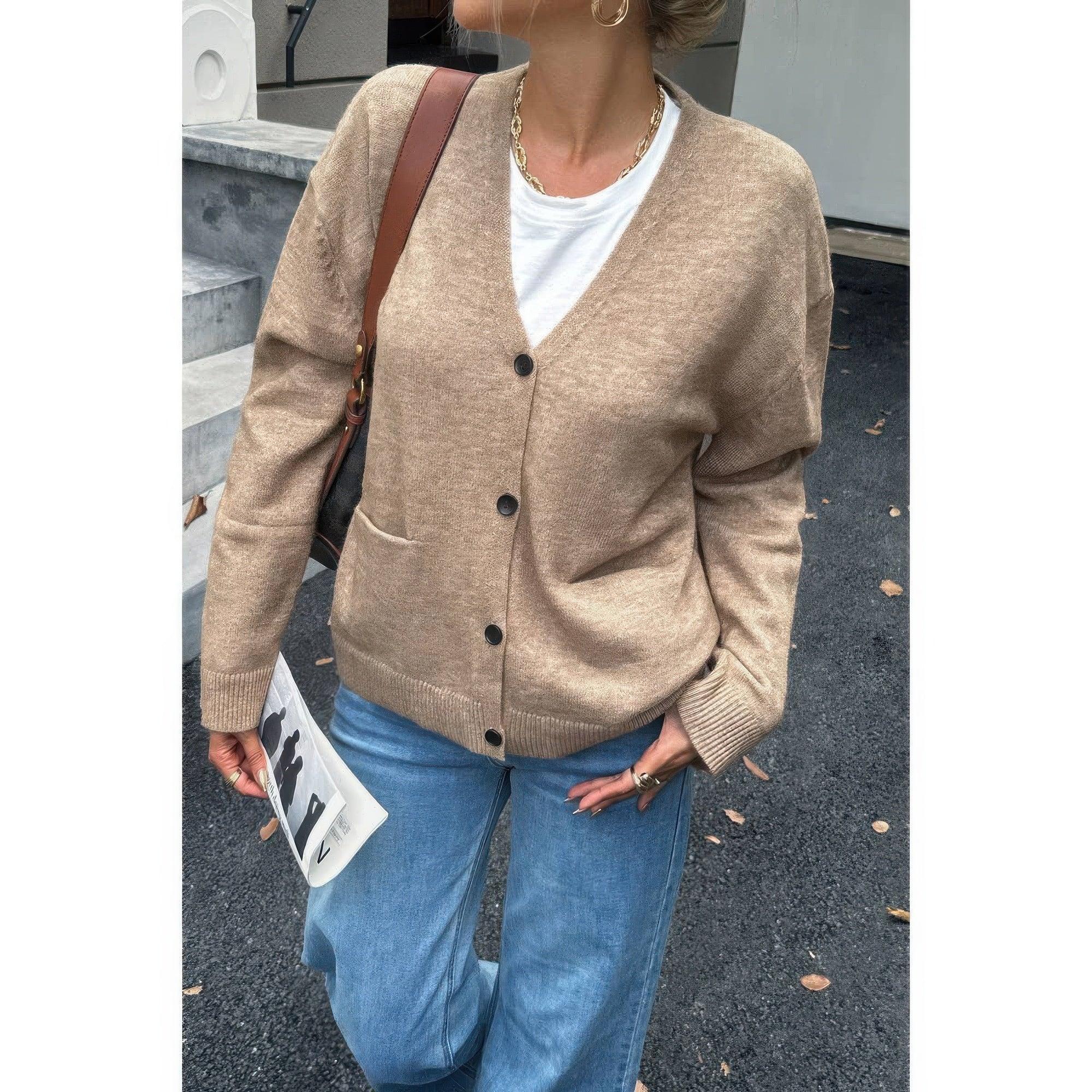 Knit Solid V Neck Button Pockets Sweater | Mixtshop LLC