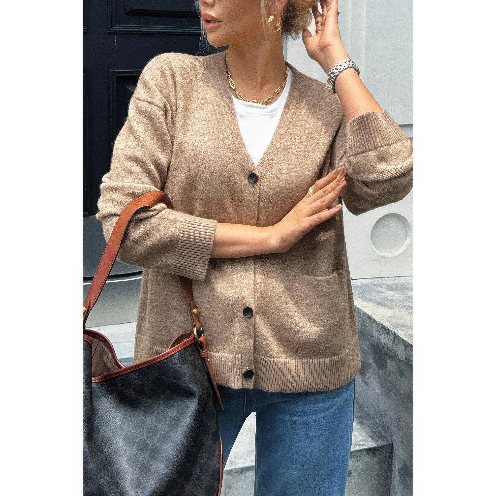 Knit Solid V Neck Button Pockets Sweater | Mixtshop LLC