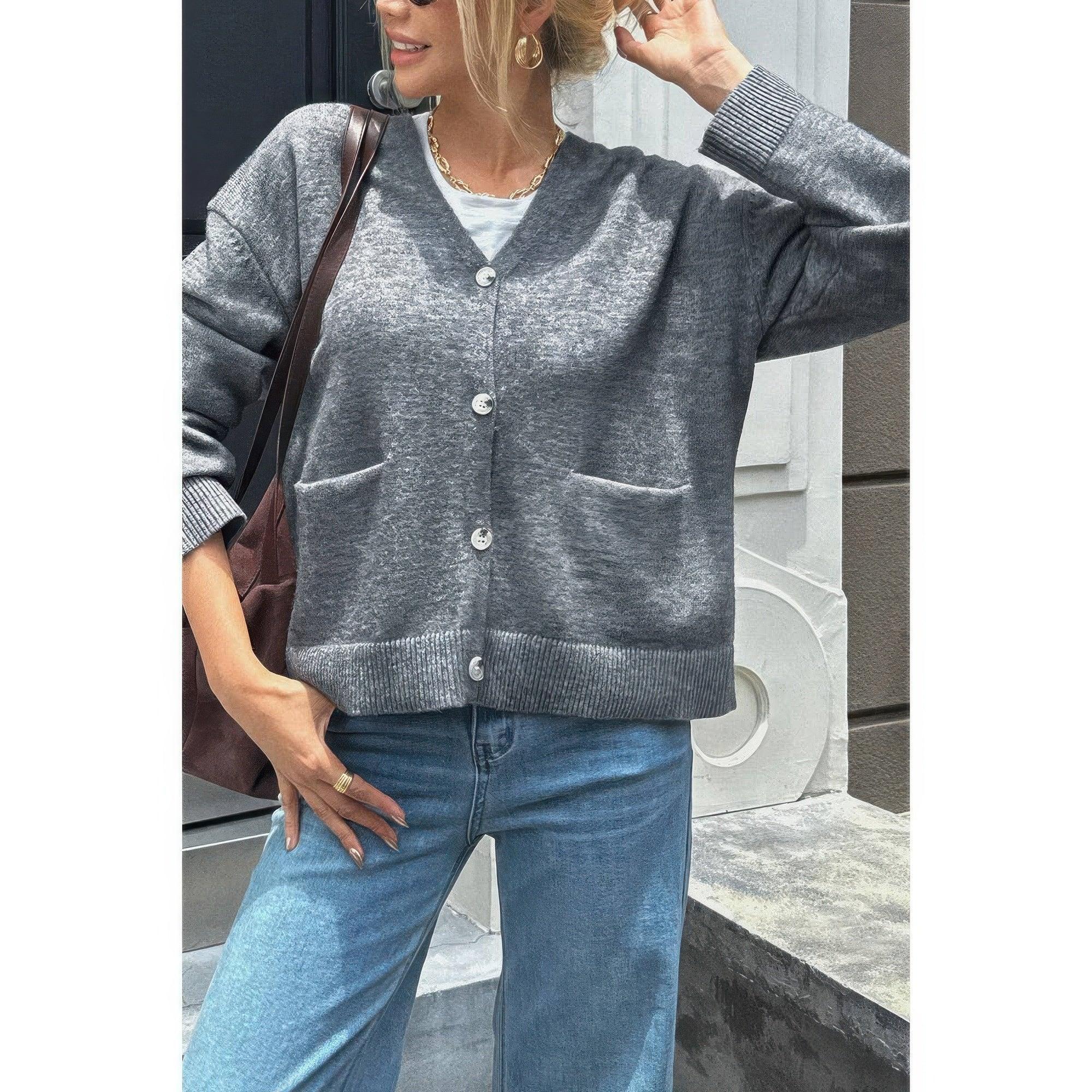 Knit Solid V Neck Button Pockets Sweater | Mixtshop LLC