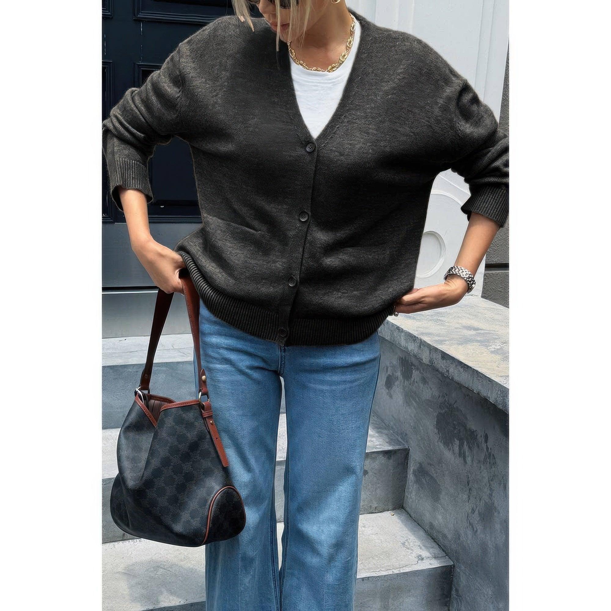 Knit Solid V Neck Button Pockets Sweater | Mixtshop LLC