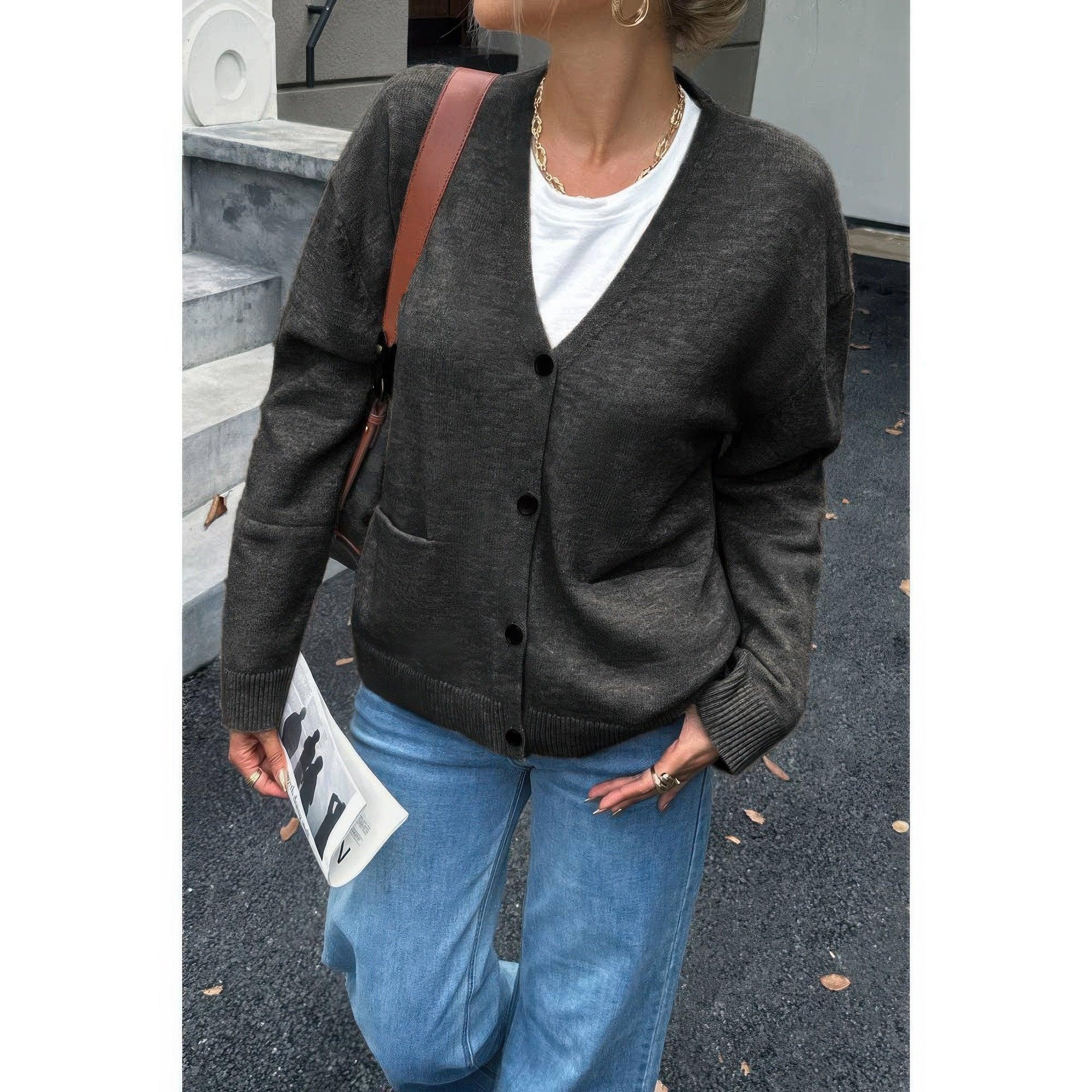 Knit Solid V Neck Button Pockets Sweater | Mixtshop LLC