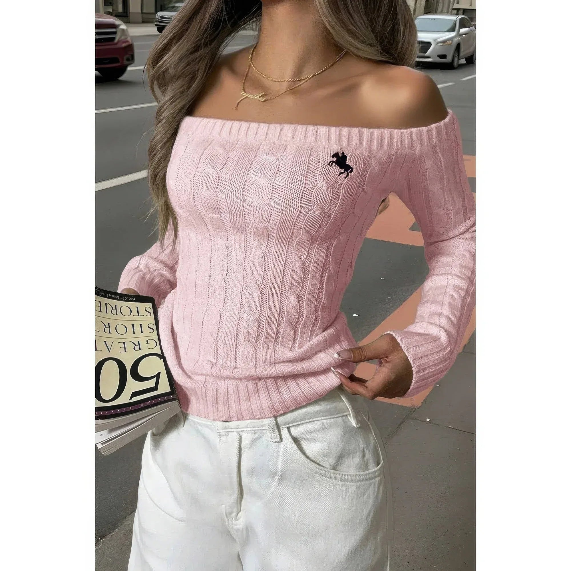 Off Shoulder Cable Knit Solid Long Sleeves Sweater | Mixtshop LLC