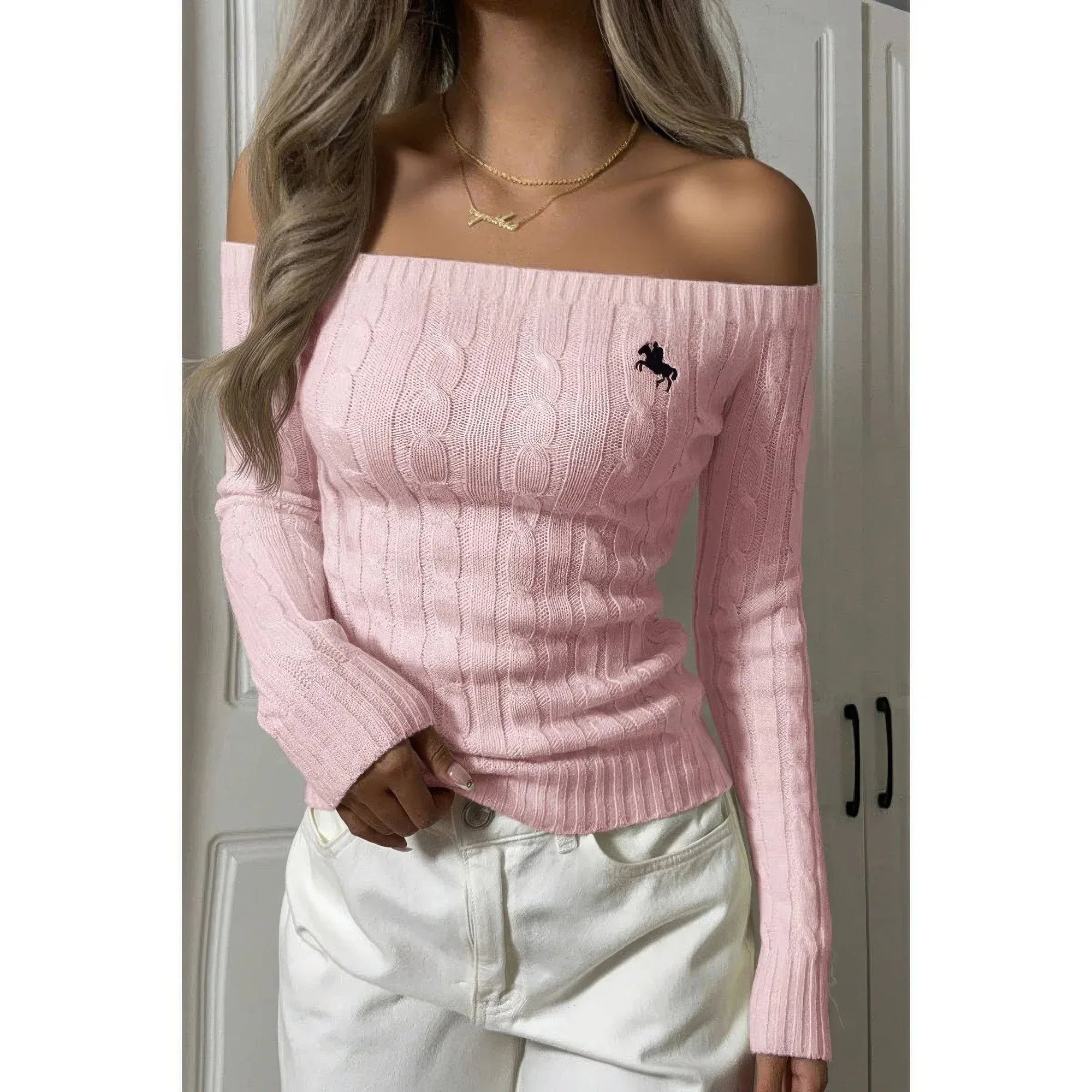 Off Shoulder Cable Knit Solid Long Sleeves Sweater | Mixtshop LLC