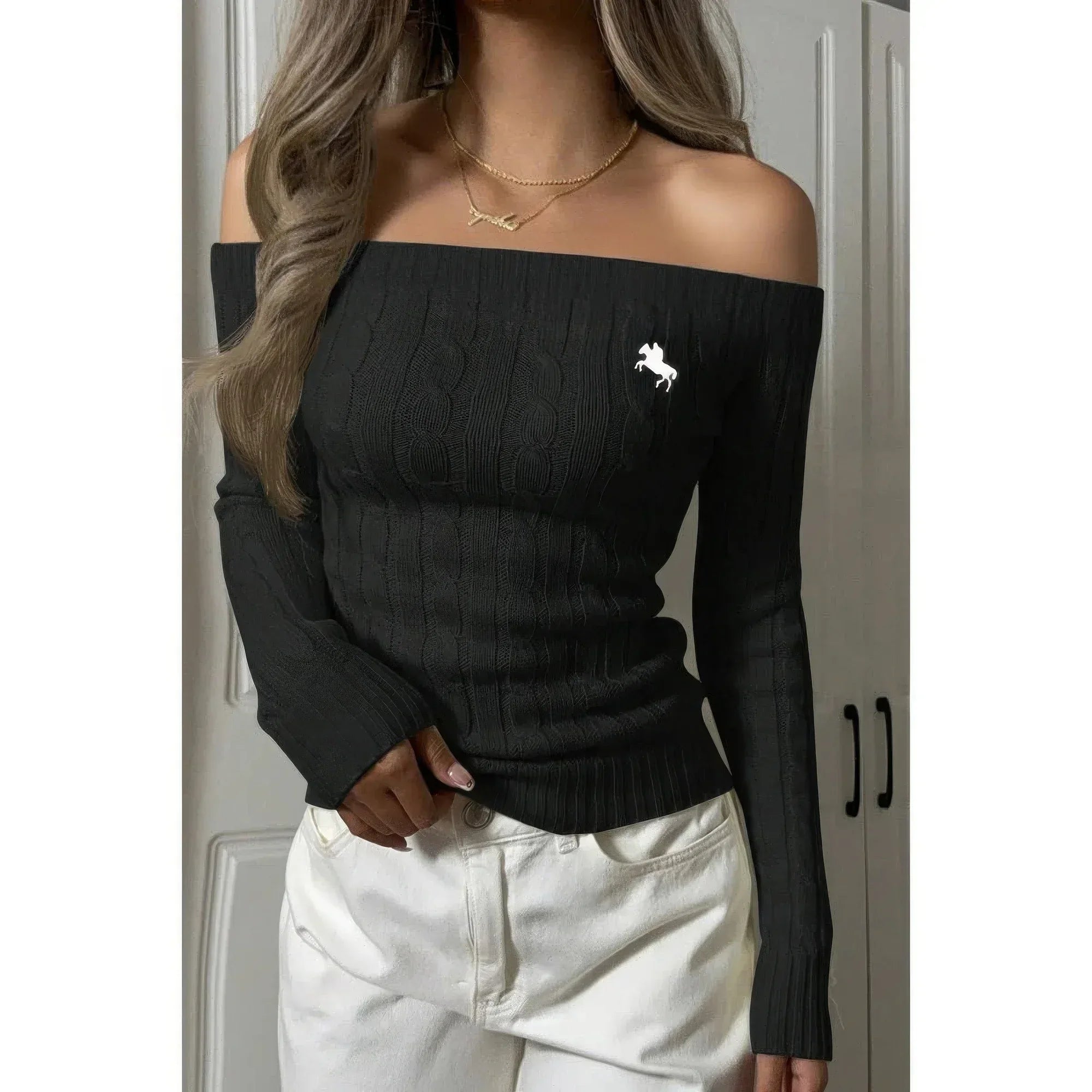 Off Shoulder Cable Knit Solid Long Sleeves Sweater | Mixtshop LLC